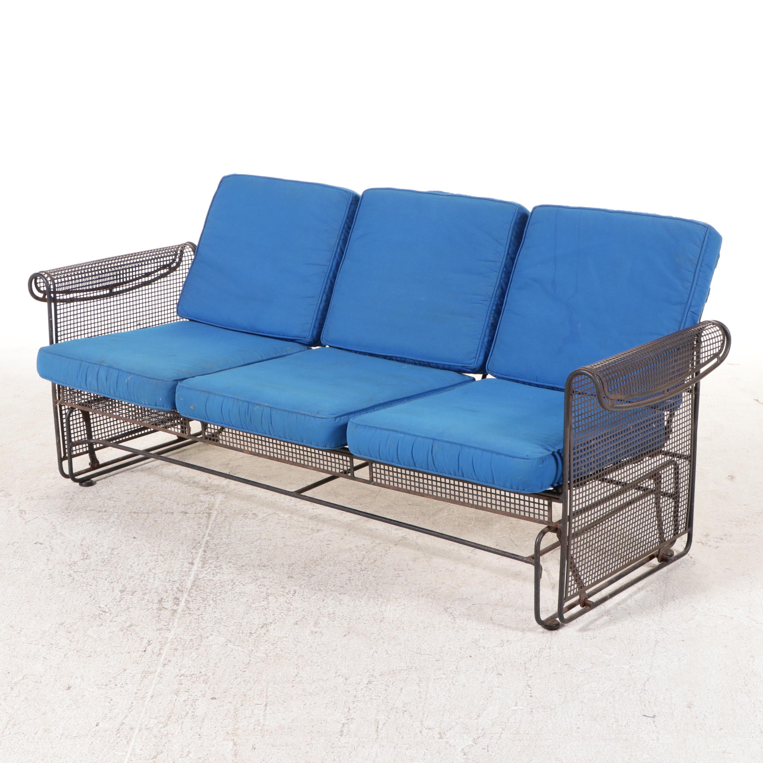 Russell Woodard Metal Mesh Glider Sofa with Blue Cushions