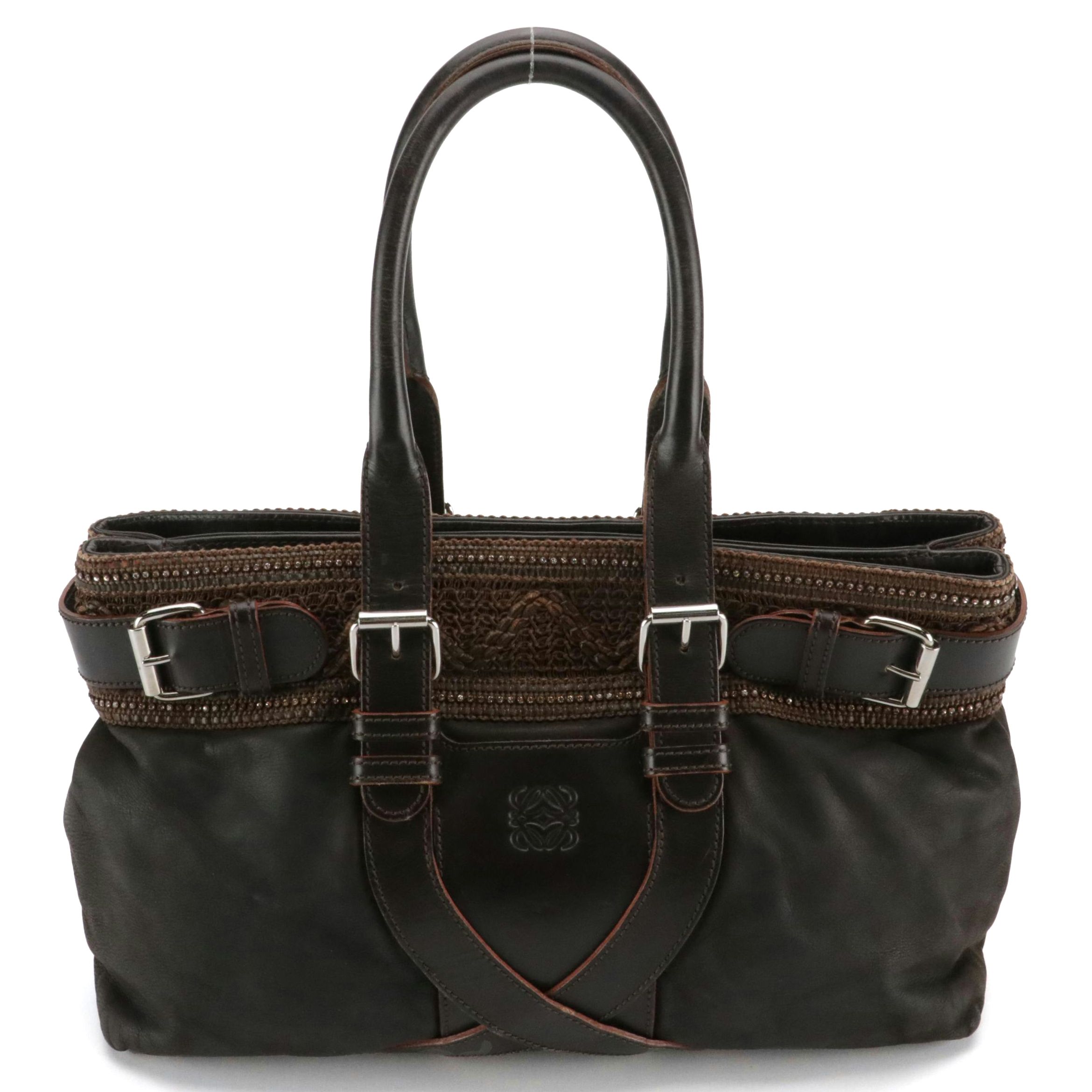 Loewe Belt Satchel in Brown Calfskin with Rhinestone Embellished Crochet Trim