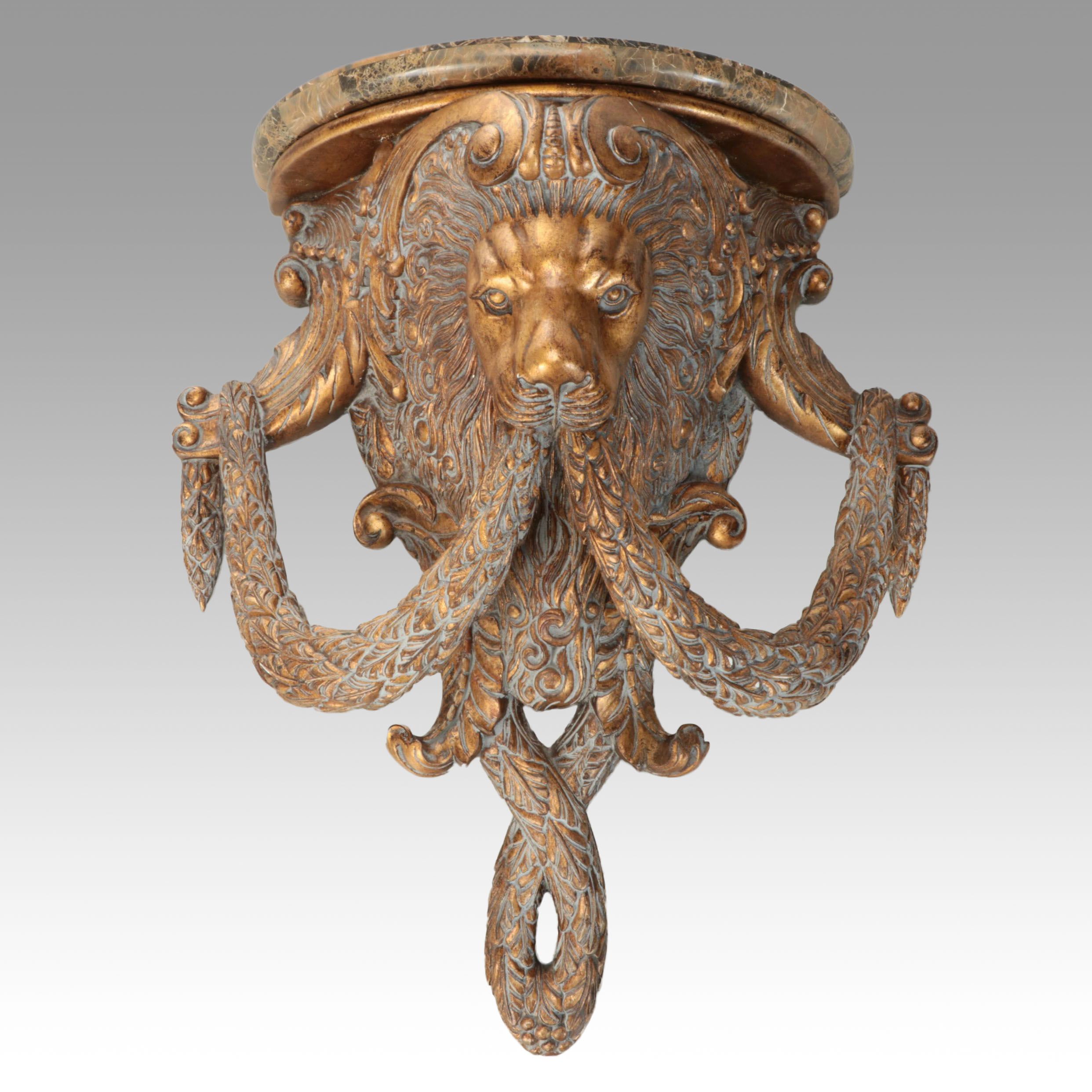 French Empire Style Lion Head and Rope Marble Top Wall Shelf