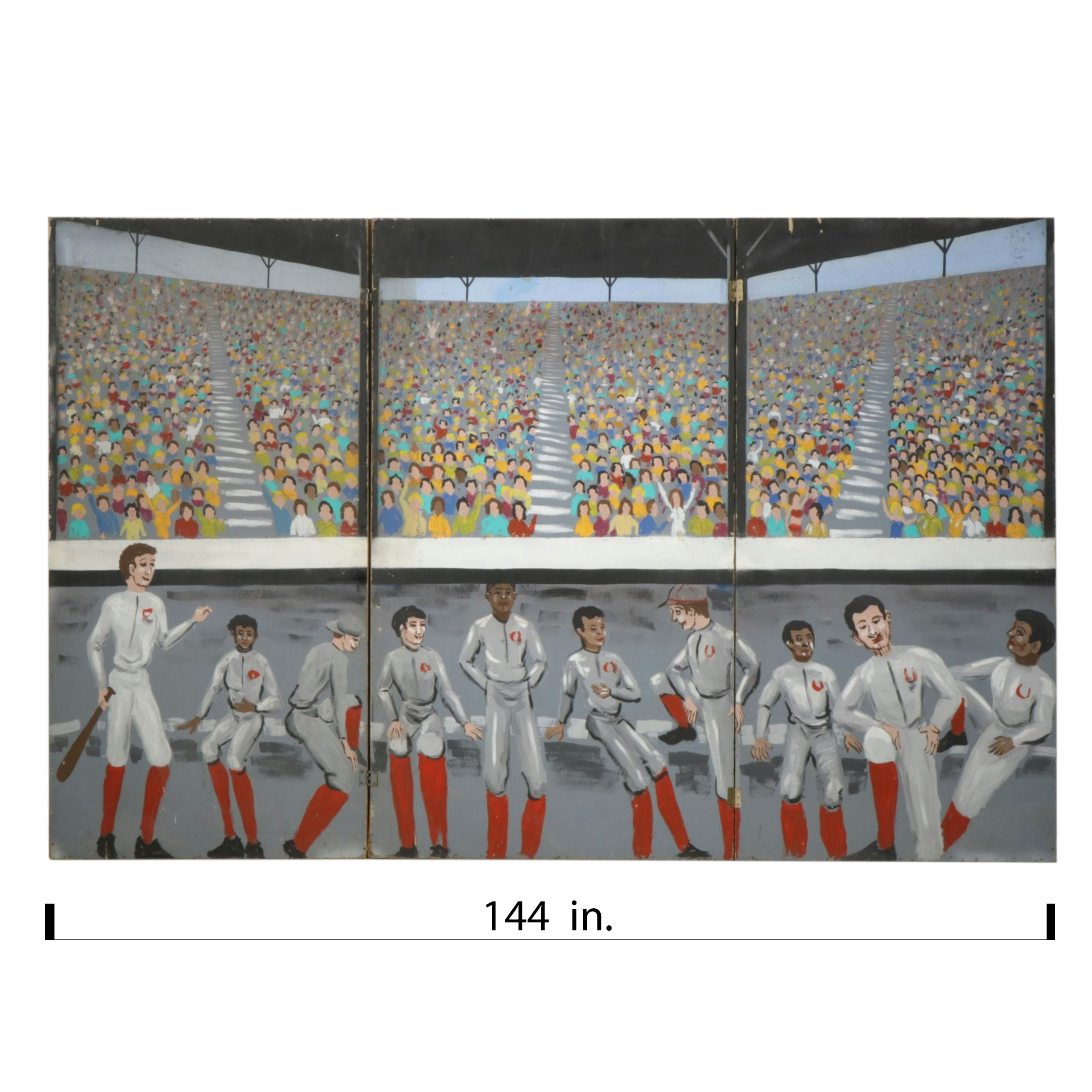 Hand Painted Three-Panel Rooms Screen with Baseball Scene