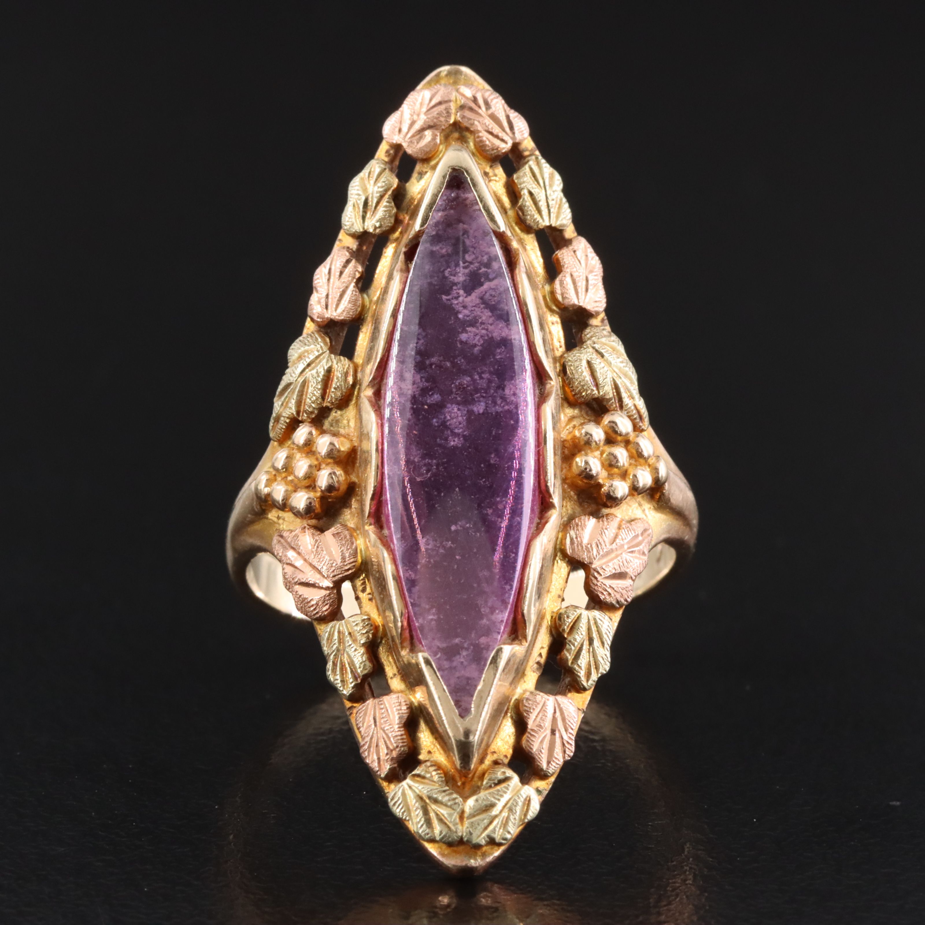 Landstrom's Black Hills Gold 10K Tri-Color Sapphire Navette Ring