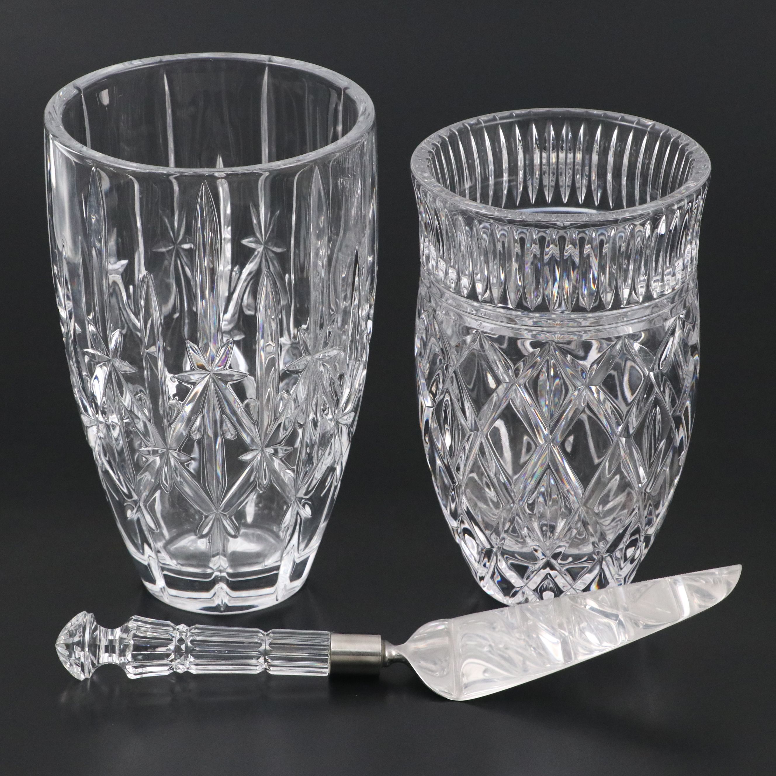 Waterford "Eastbridge"and  Marquis "Sparkle" Vases with Fostoria Cake Server