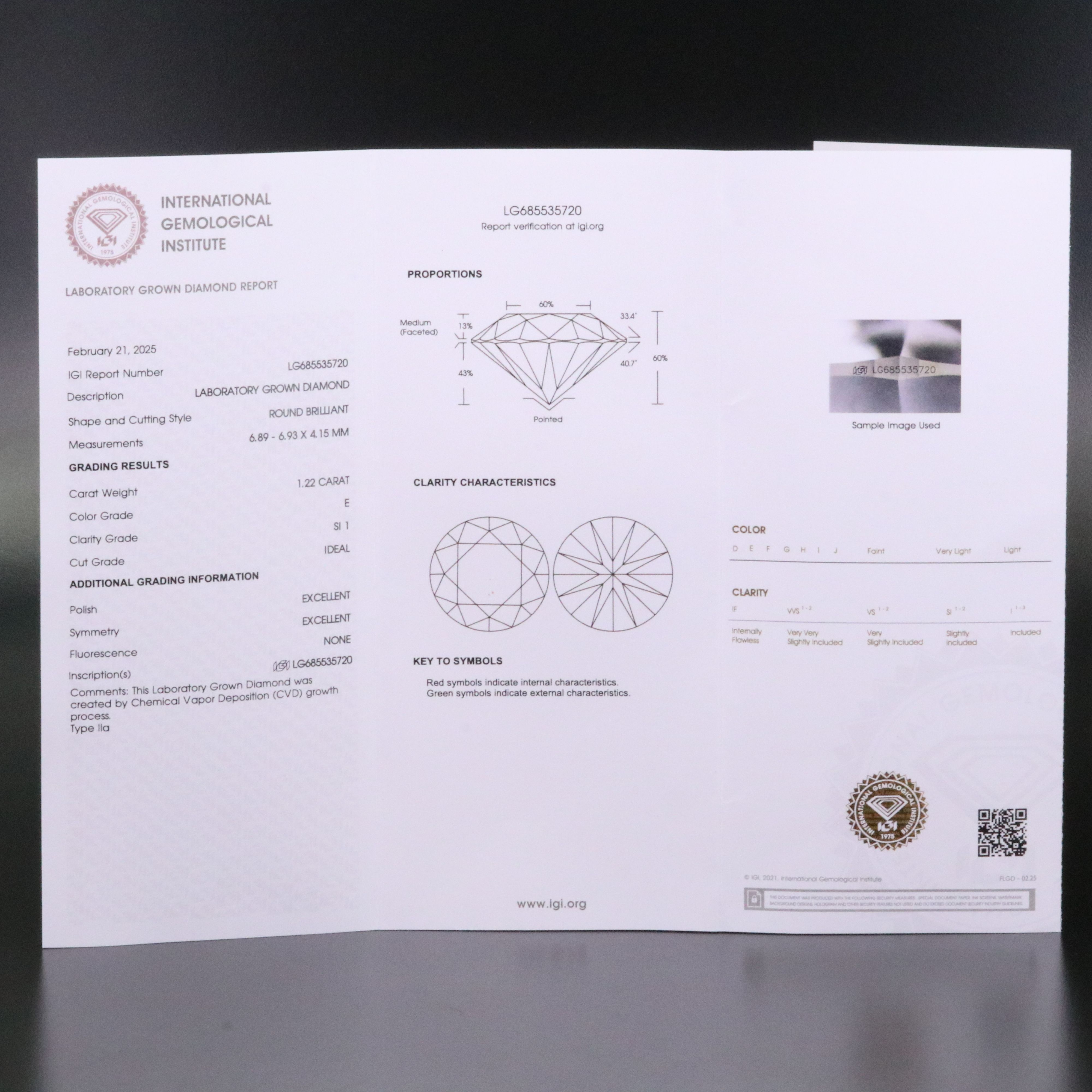Loose 1.22 CT Lab Grown Diamond with IGI Report