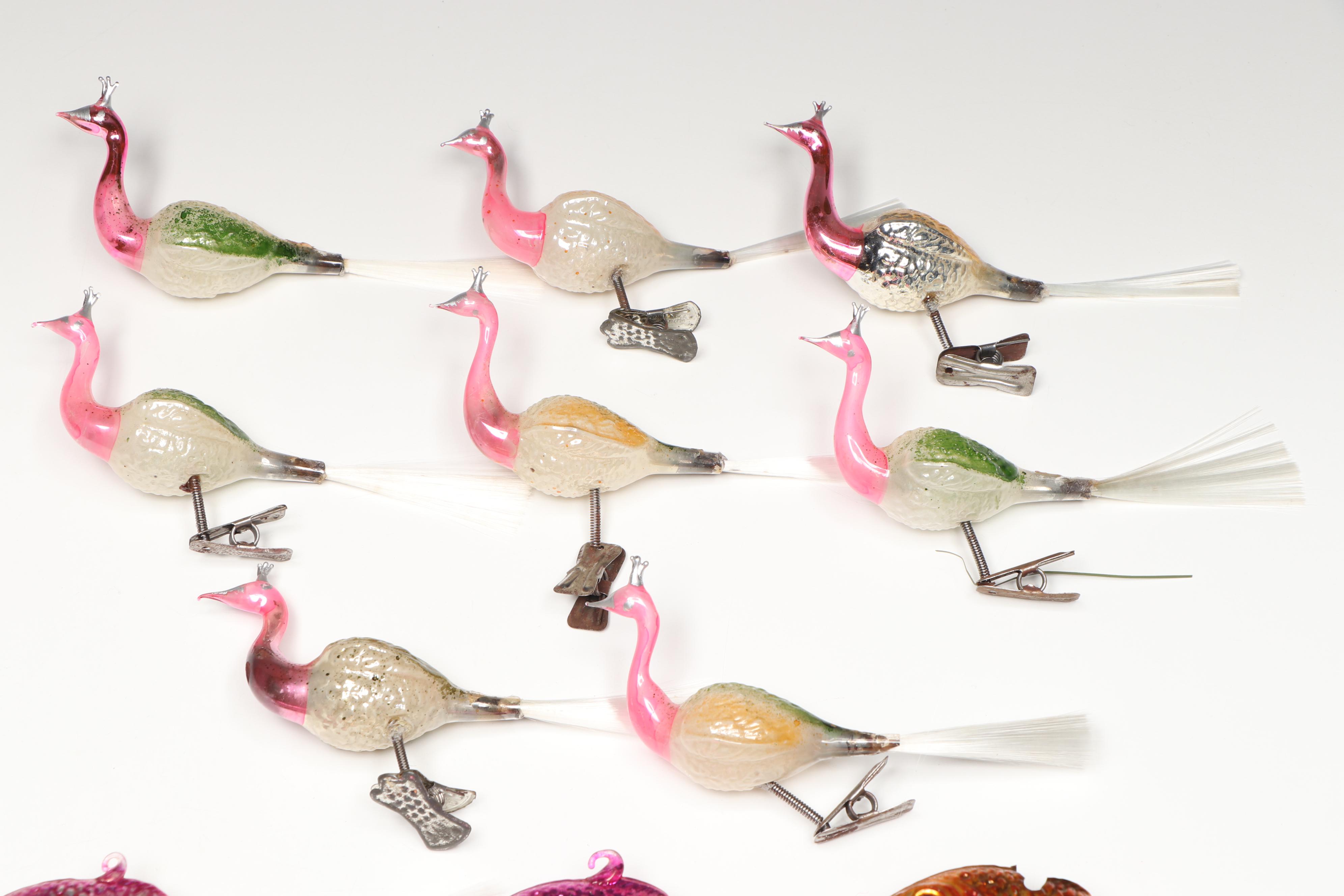Vintage German Mercury Glass Bird Clip-On and Fish Ornaments