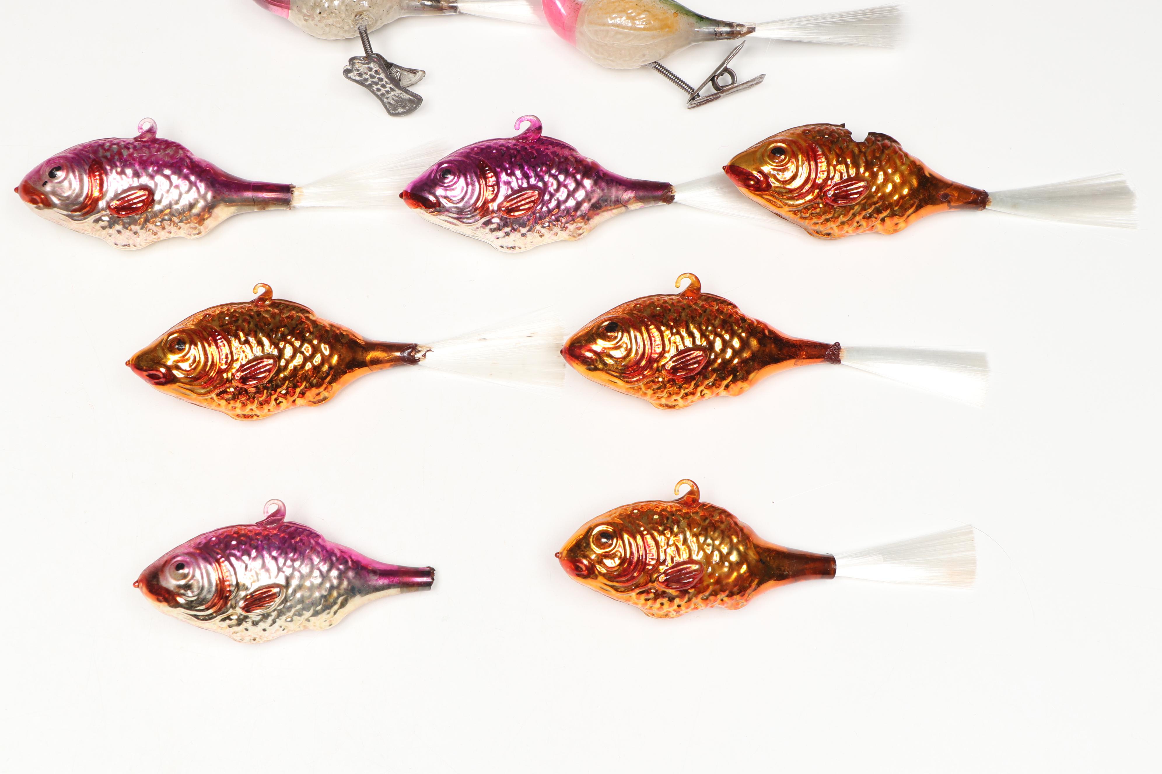 Vintage German Mercury Glass Bird Clip-On and Fish Ornaments