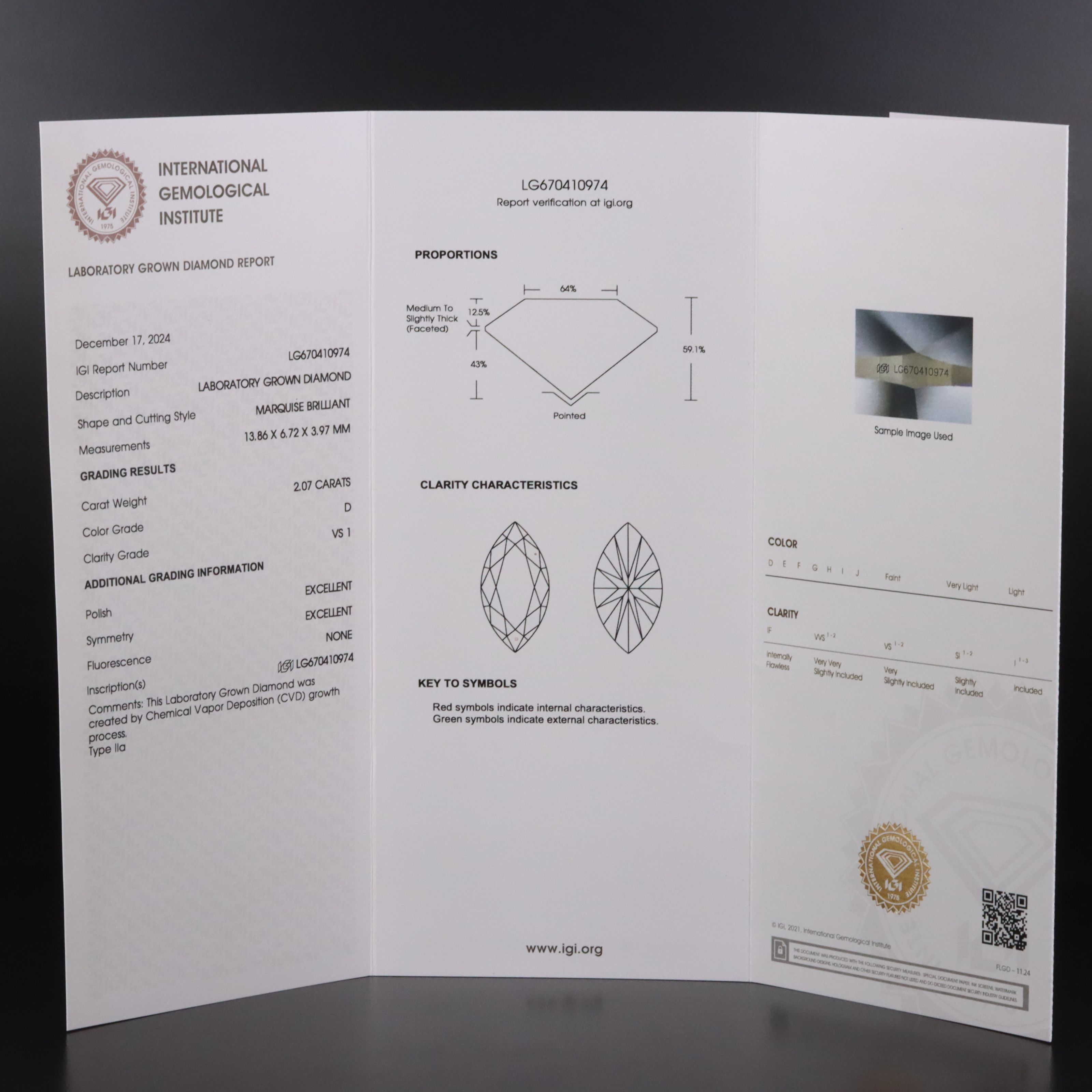 Loose 2.07 CT Lab Grown Diamond with IGI Report