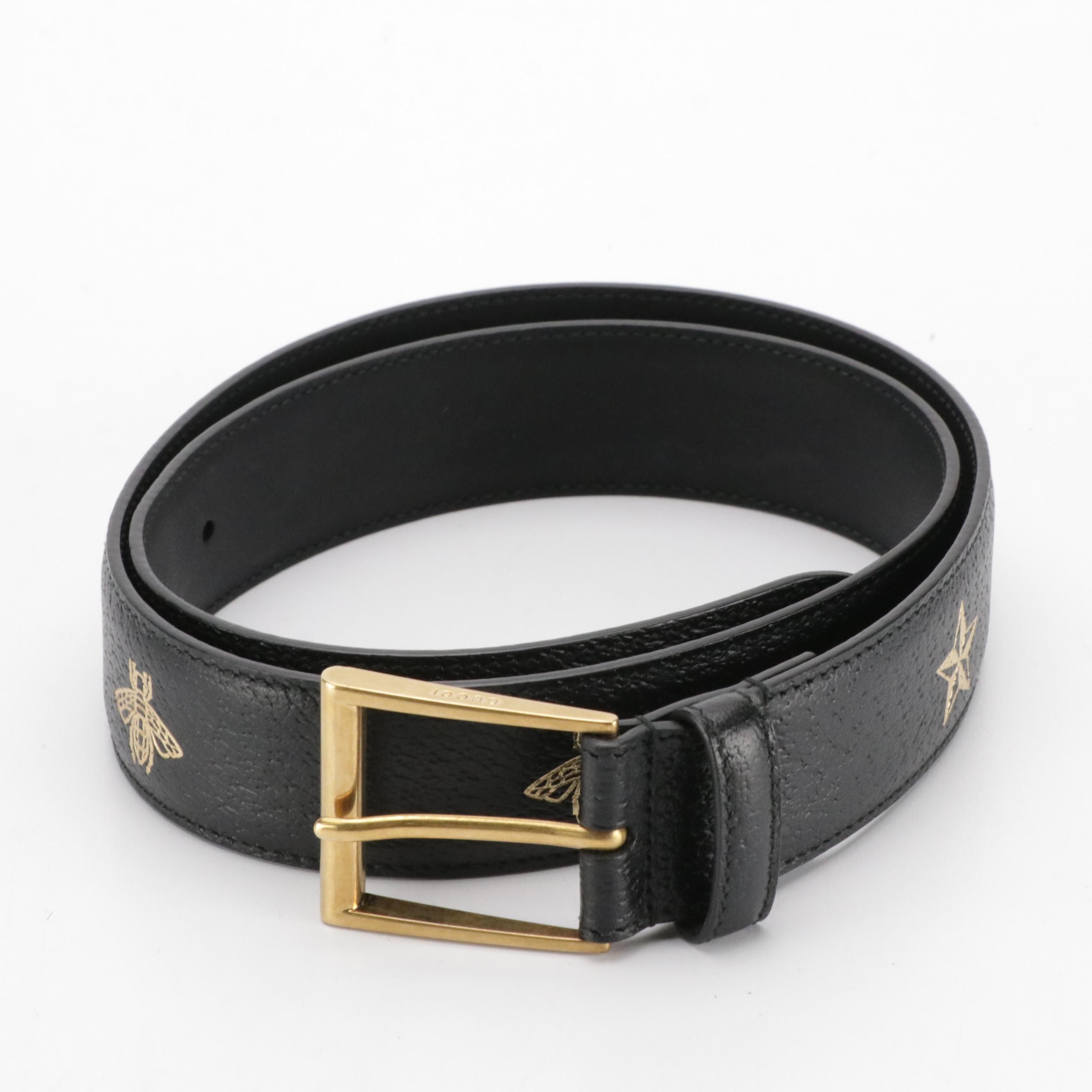 Gucci Bee Star Belt in Black Cinghiale Leather
