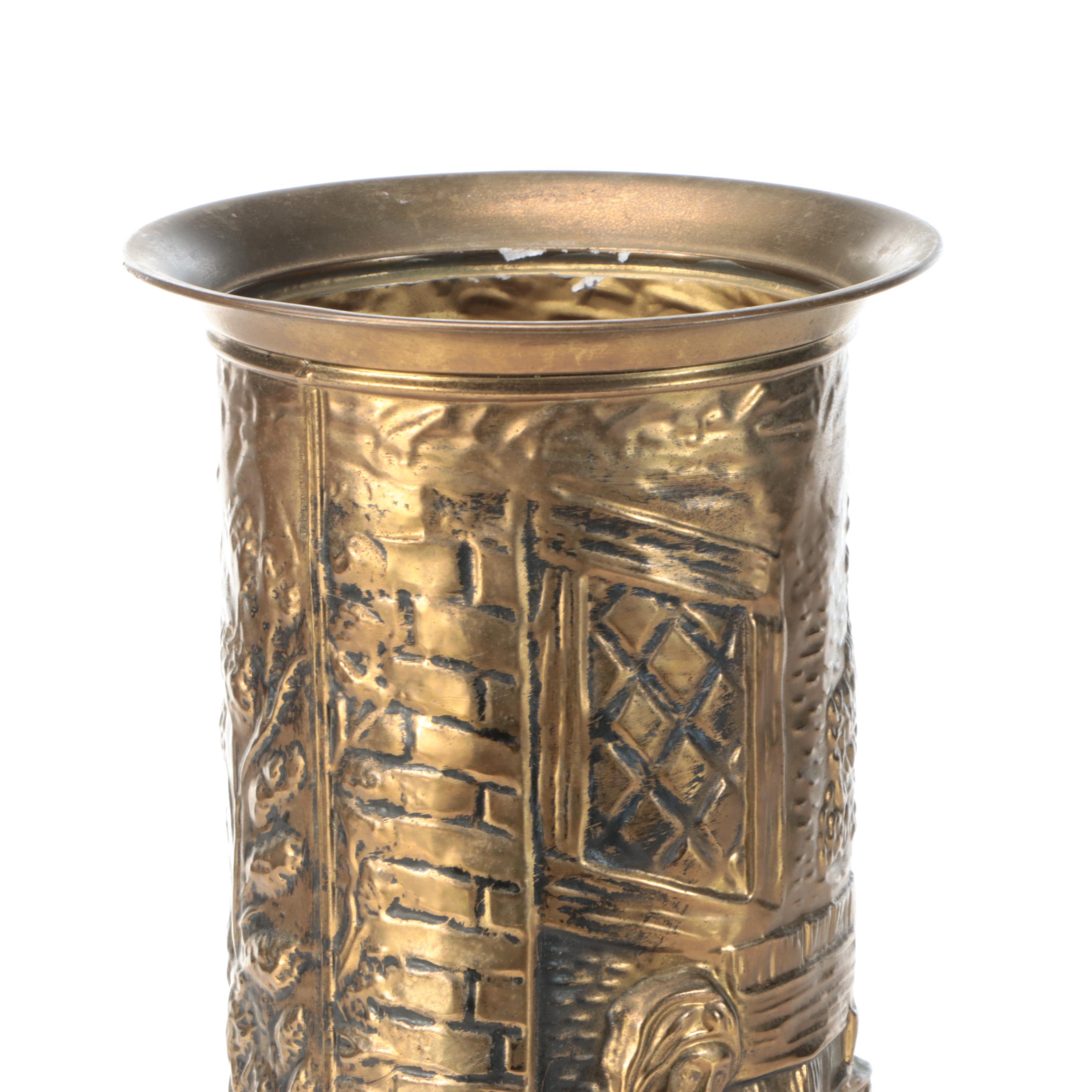 Vintage Embossed Brass Finish Metal Umbrella Stand
