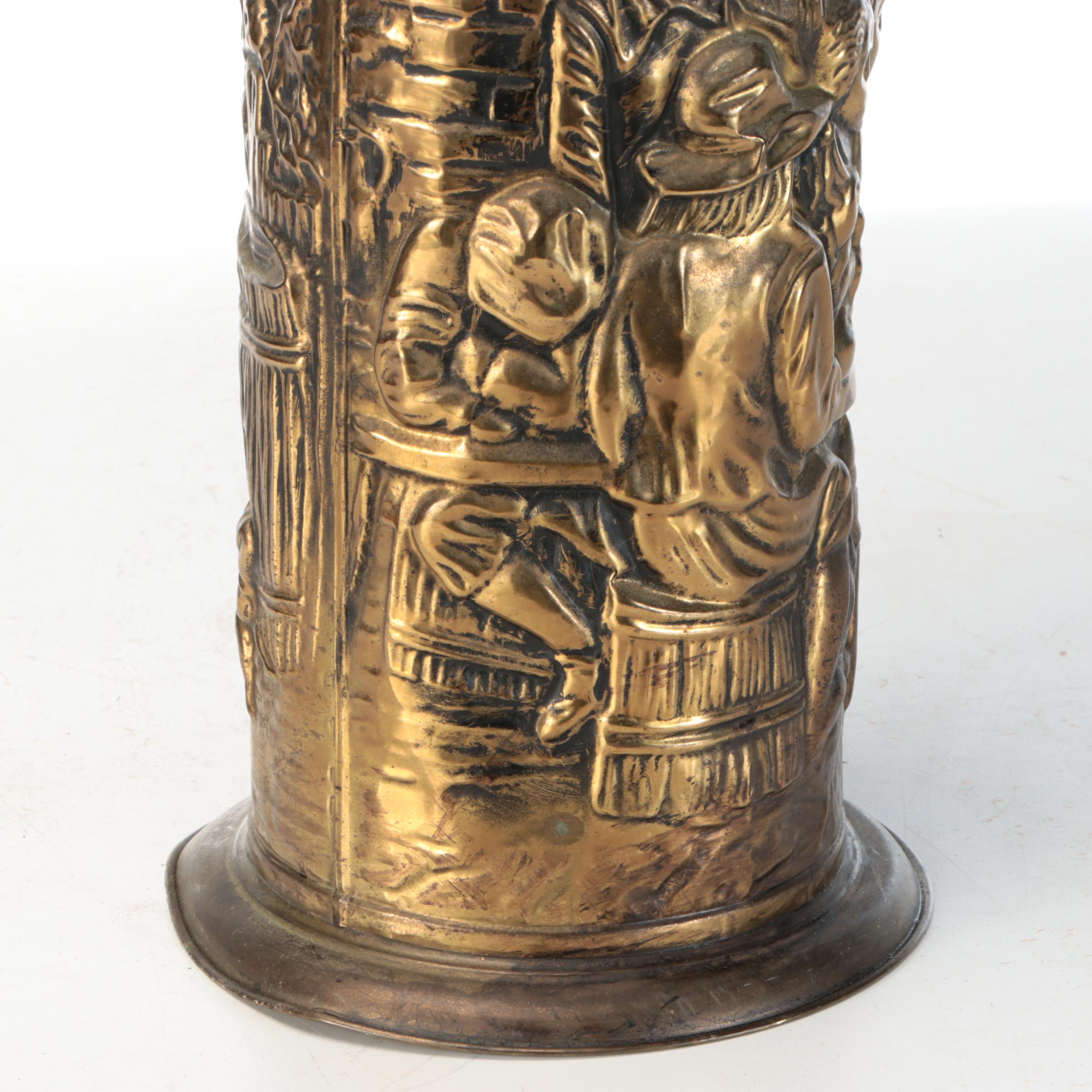 Vintage Embossed Brass Finish Metal Umbrella Stand