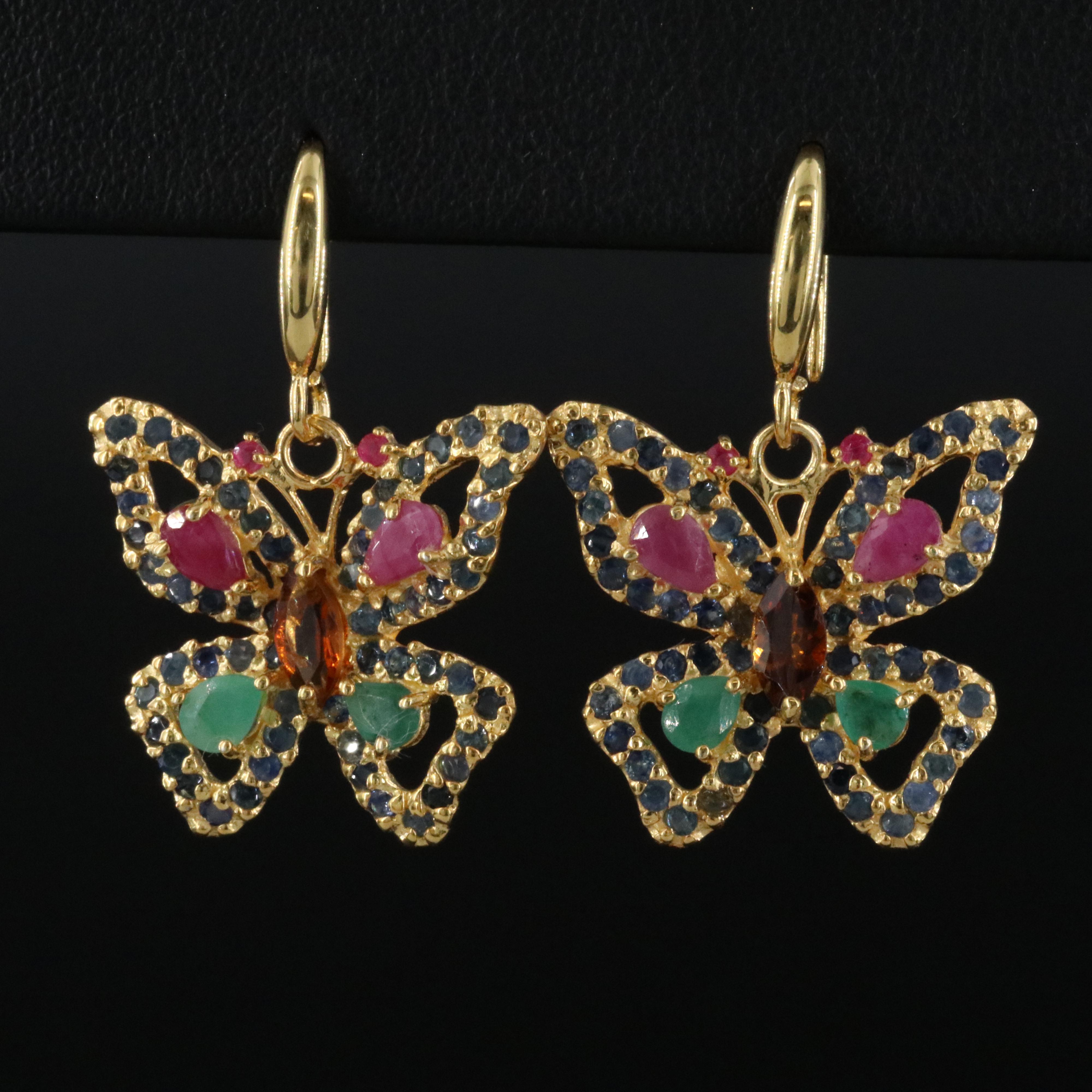 Sterling Butterfly Earrings Featuring Sapphire, Ruby, and Emerald
