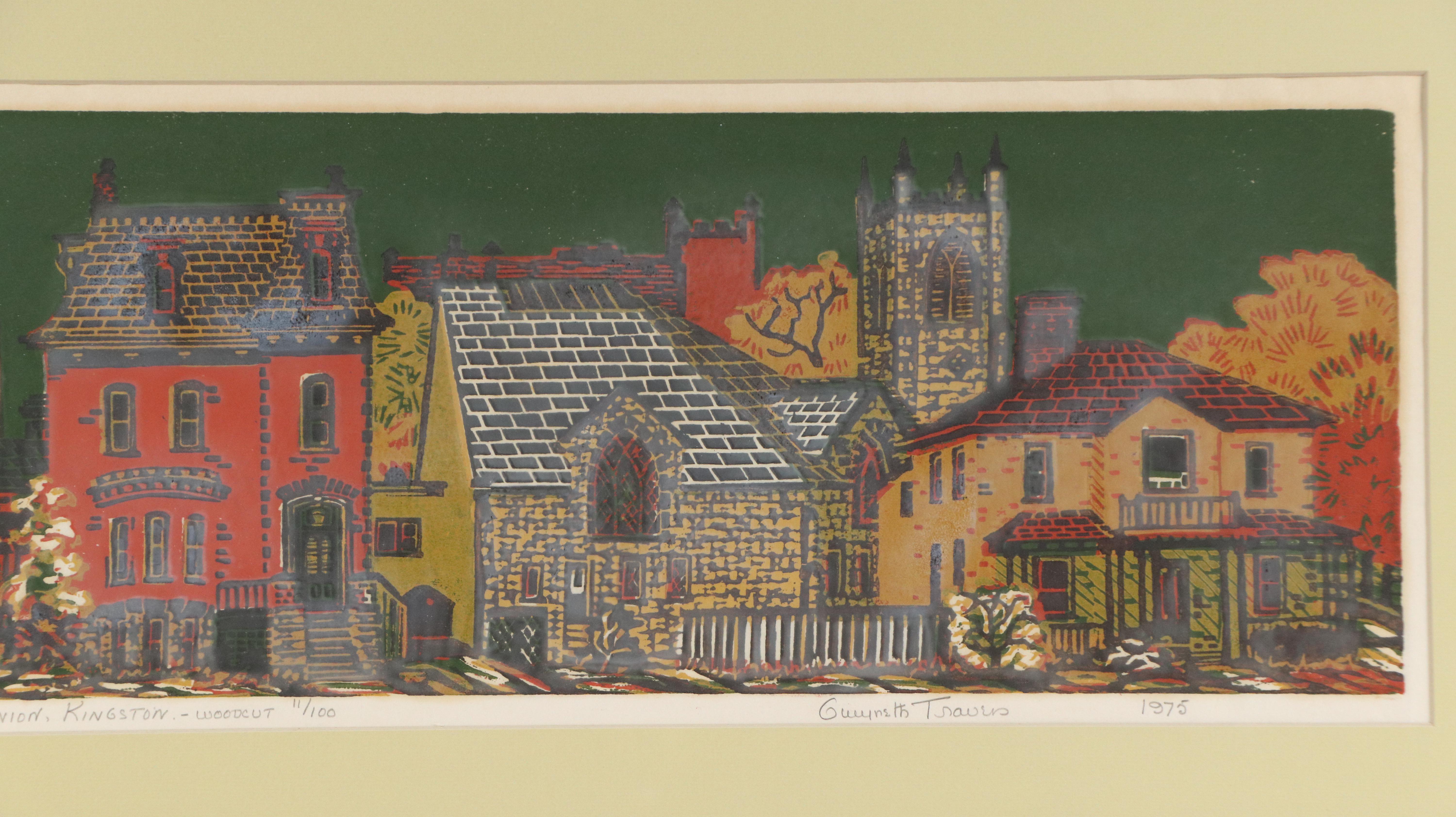 Gwyneth Travers Color Woodcut of Canadian Village "Barrie at Union, Kingston"