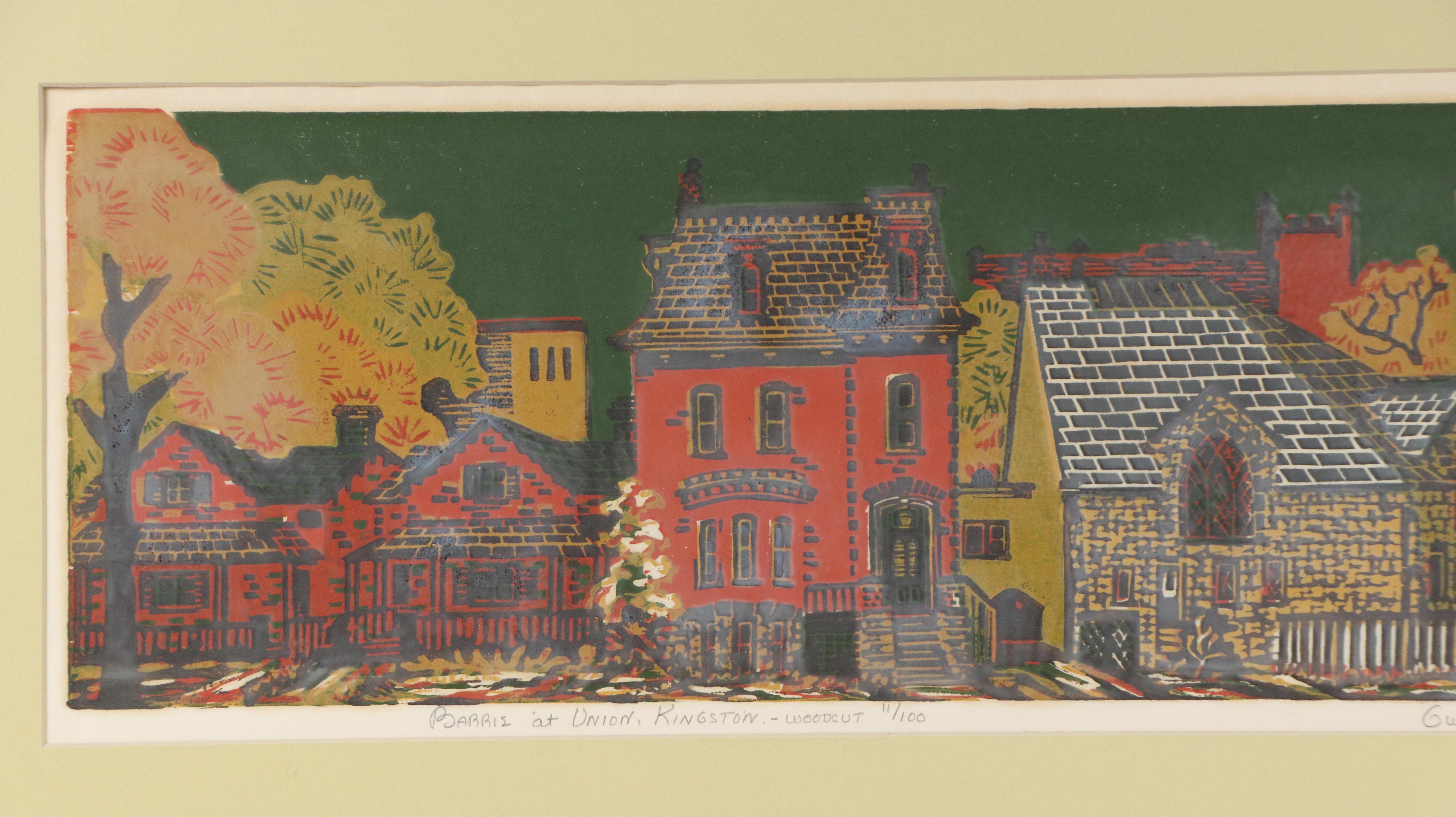 Gwyneth Travers Color Woodcut of Canadian Village "Barrie at Union, Kingston"