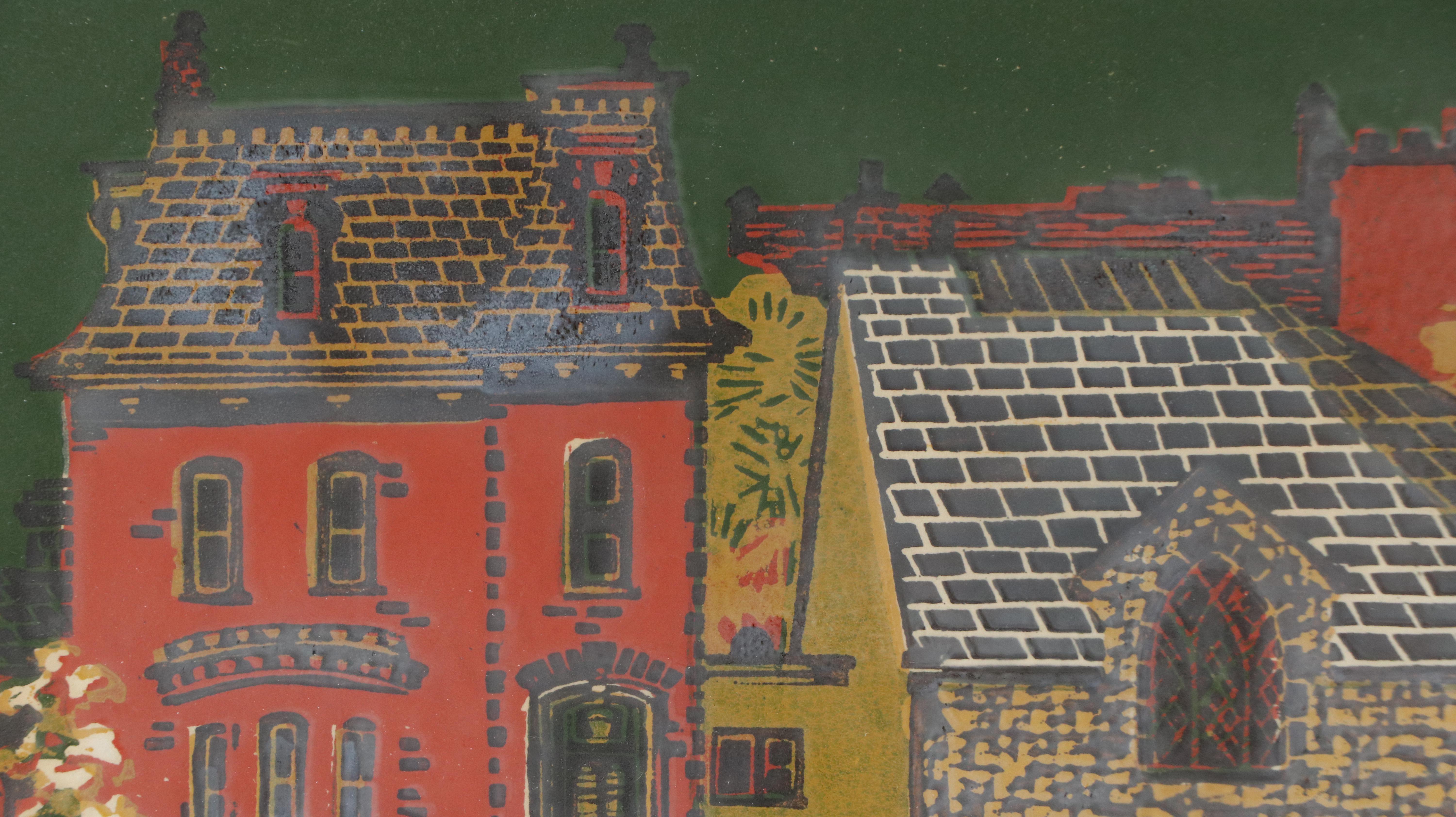 Gwyneth Travers Color Woodcut of Canadian Village "Barrie at Union, Kingston"