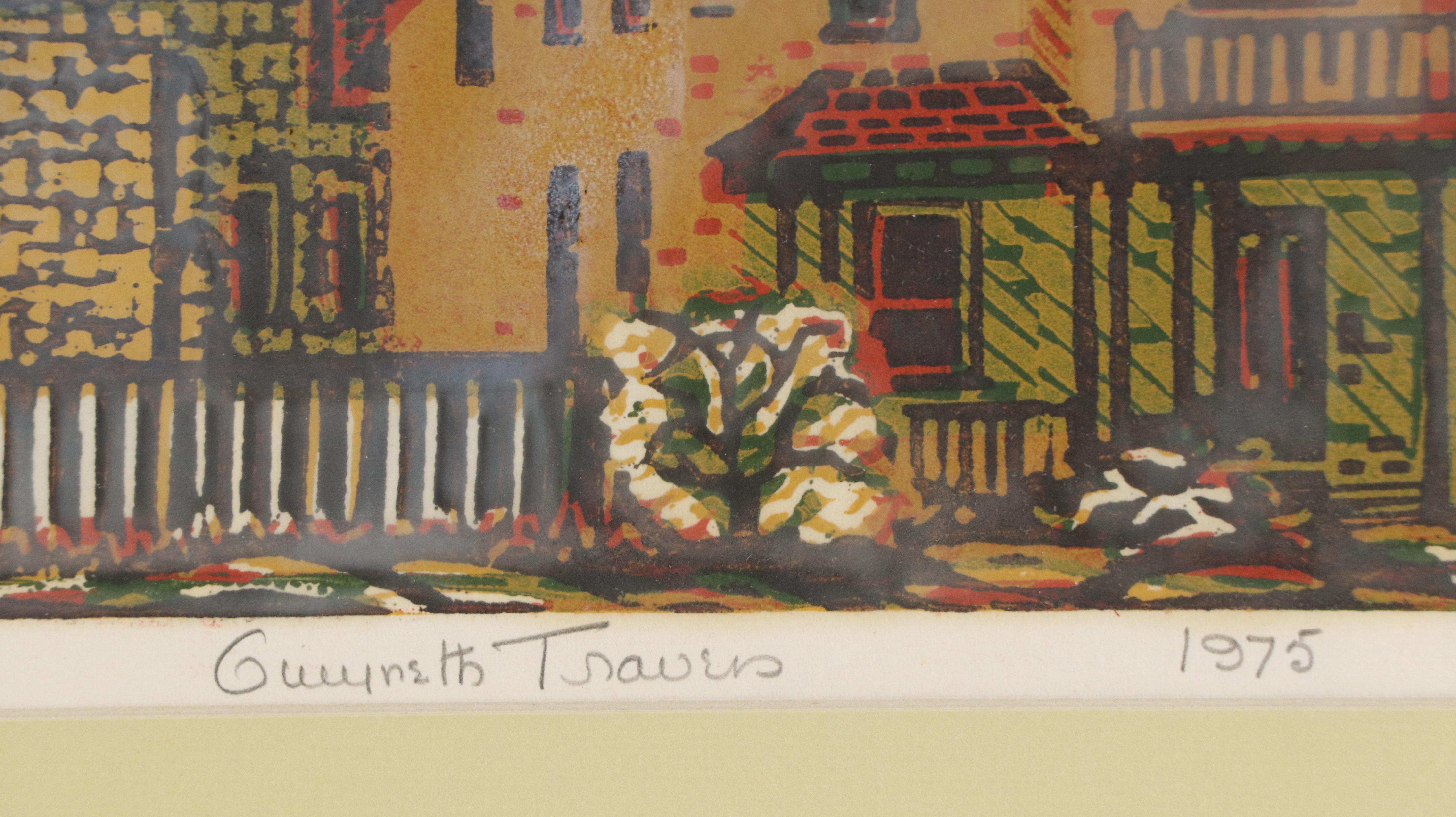 Gwyneth Travers Color Woodcut of Canadian Village "Barrie at Union, Kingston"