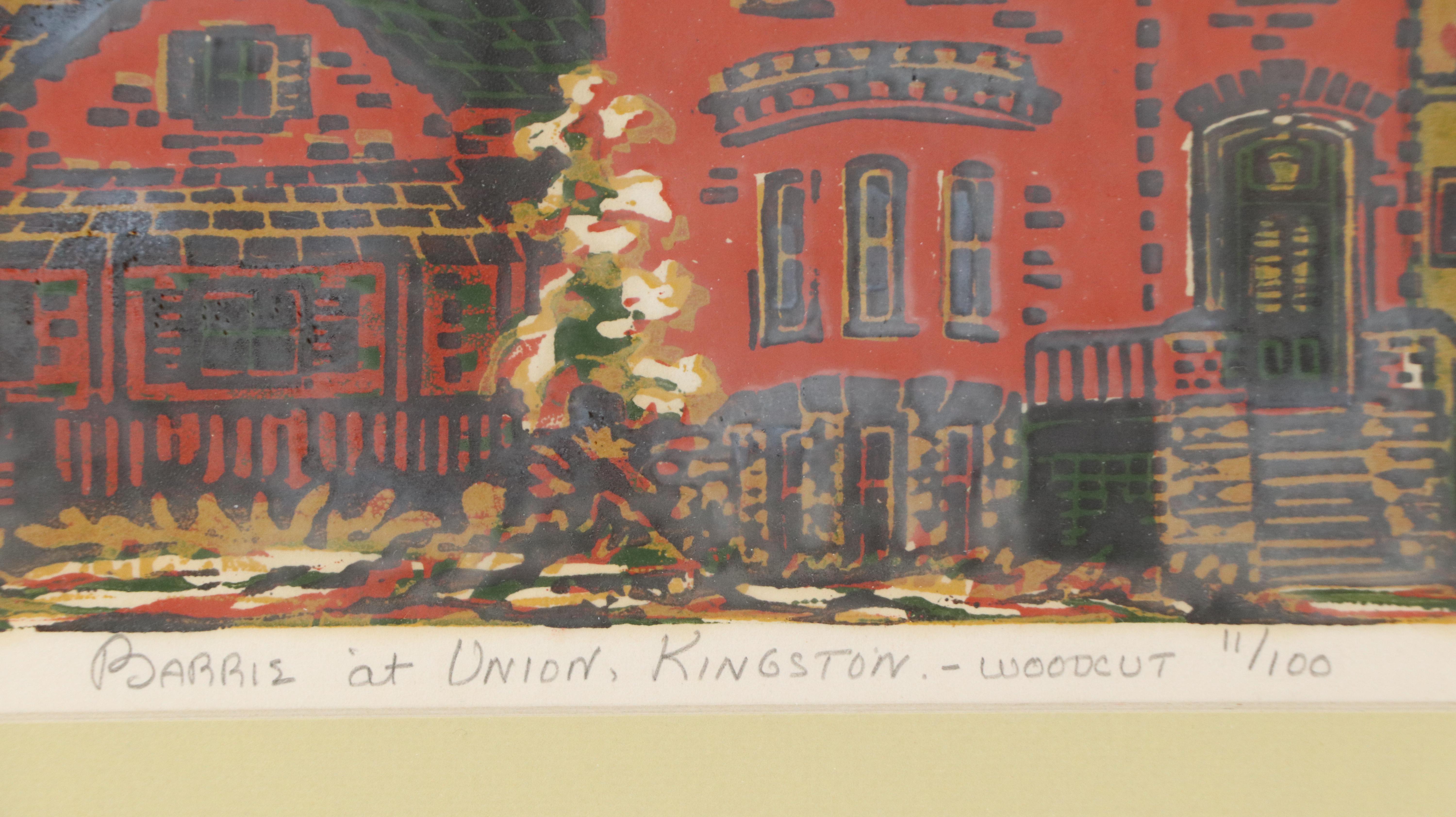 Gwyneth Travers Color Woodcut of Canadian Village "Barrie at Union, Kingston"