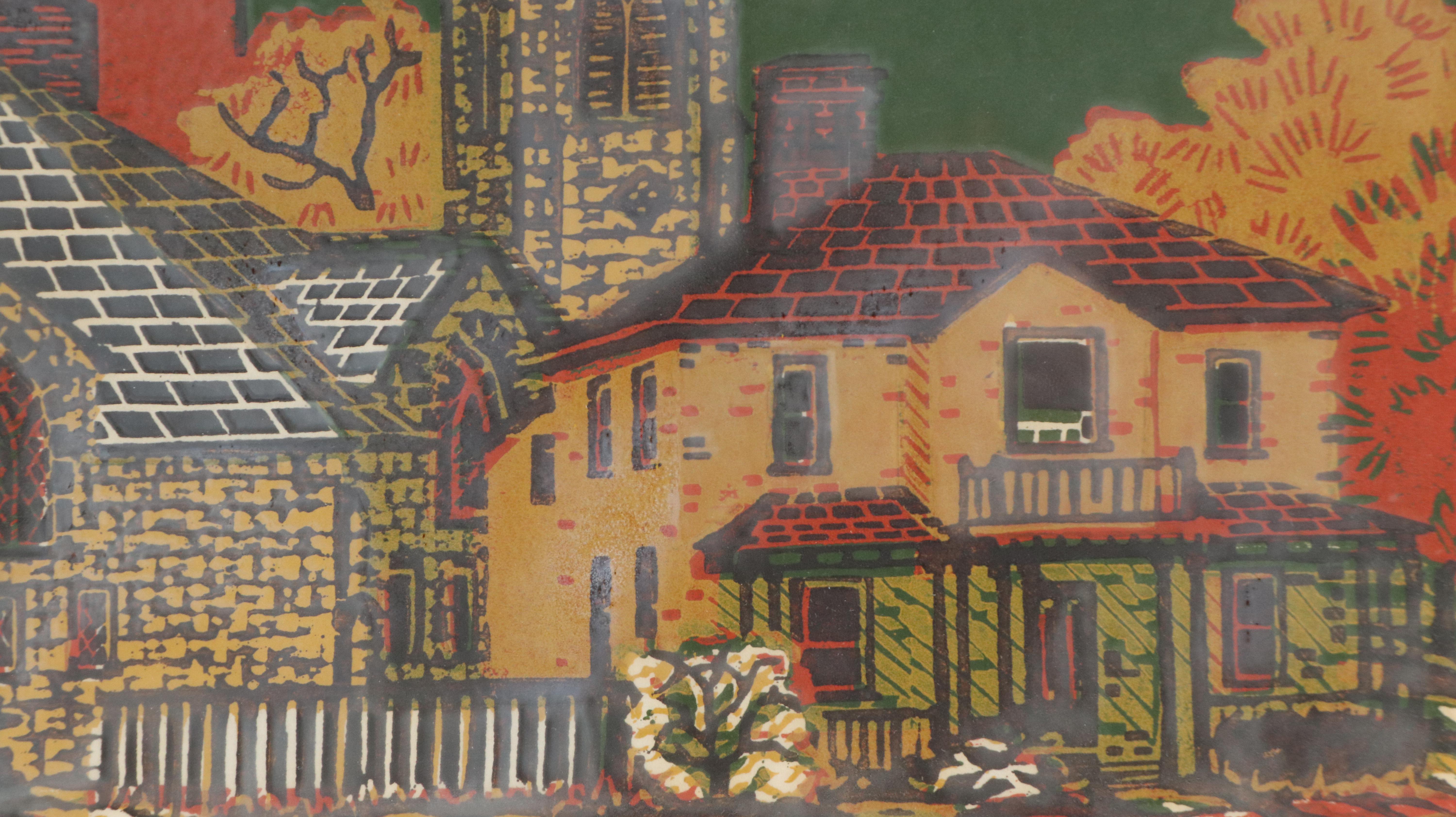Gwyneth Travers Color Woodcut of Canadian Village "Barrie at Union, Kingston"