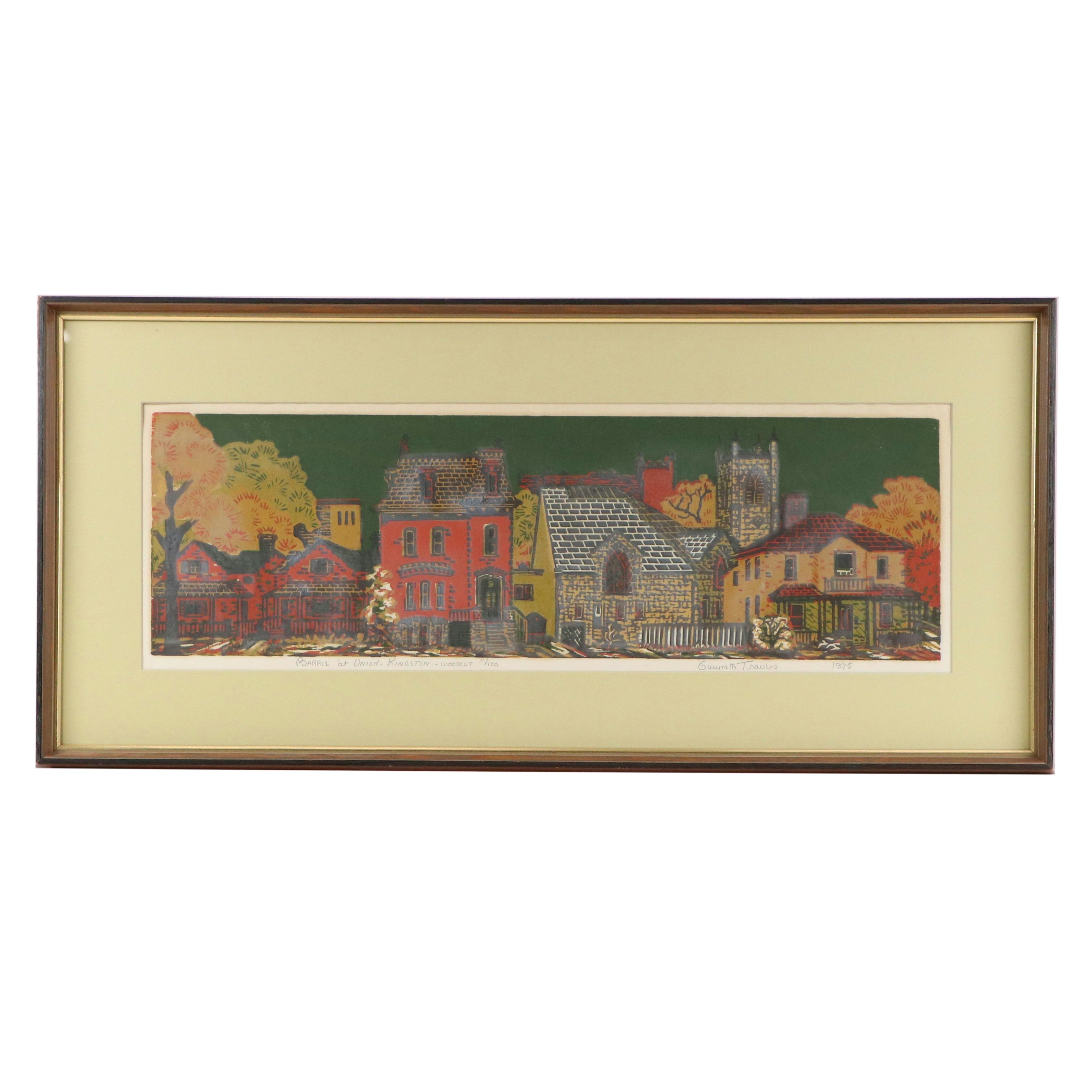Gwyneth Travers Color Woodcut of Canadian Village "Barrie at Union, Kingston"