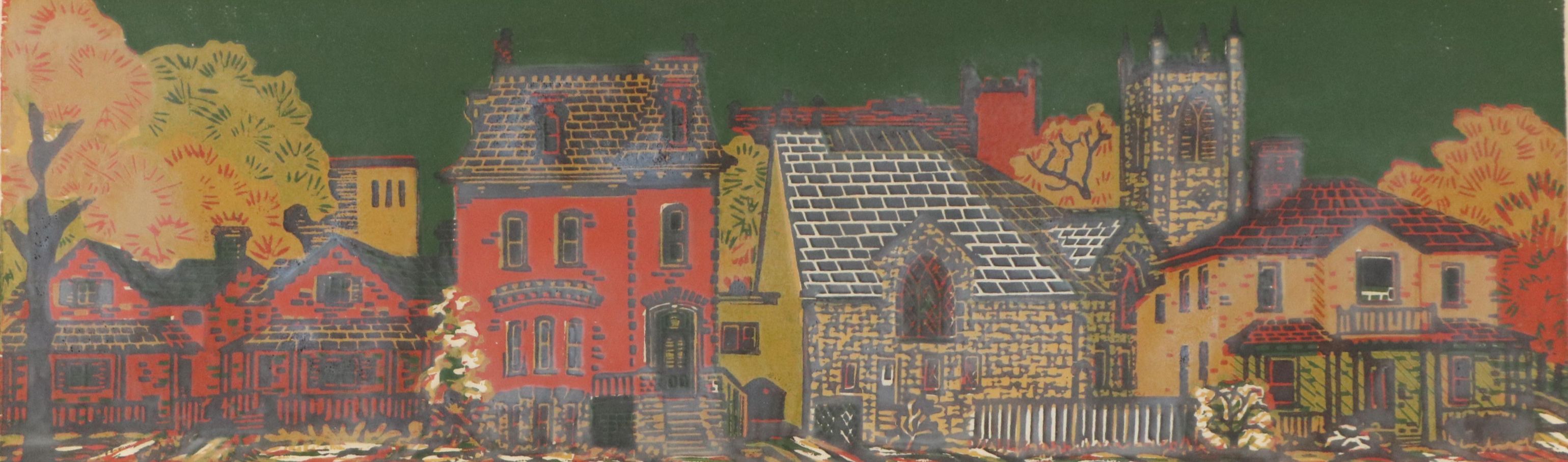 Gwyneth Travers Color Woodcut of Canadian Village "Barrie at Union, Kingston"