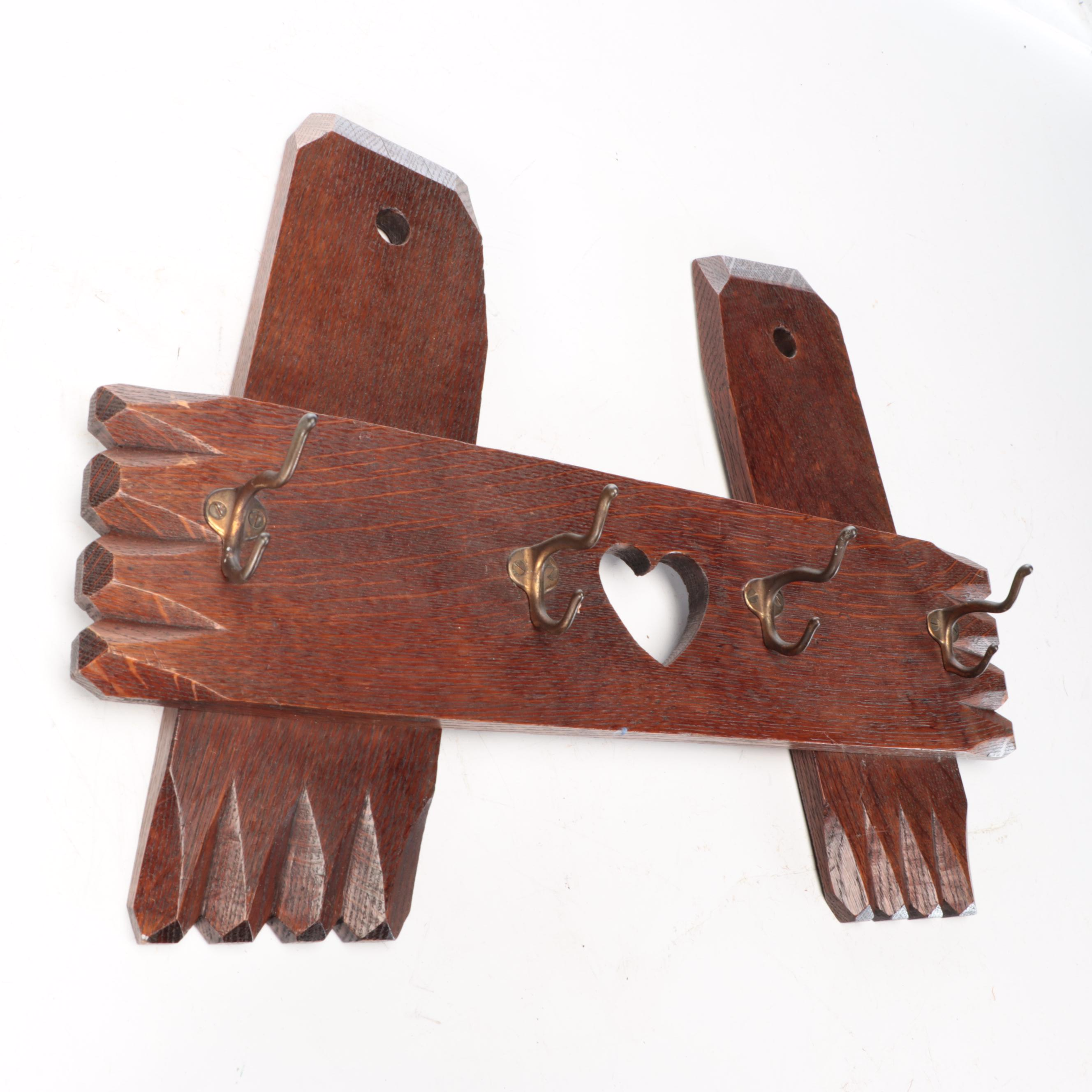 Arts & Crafts Handmade Oak Coat Rack with Brass Hardware