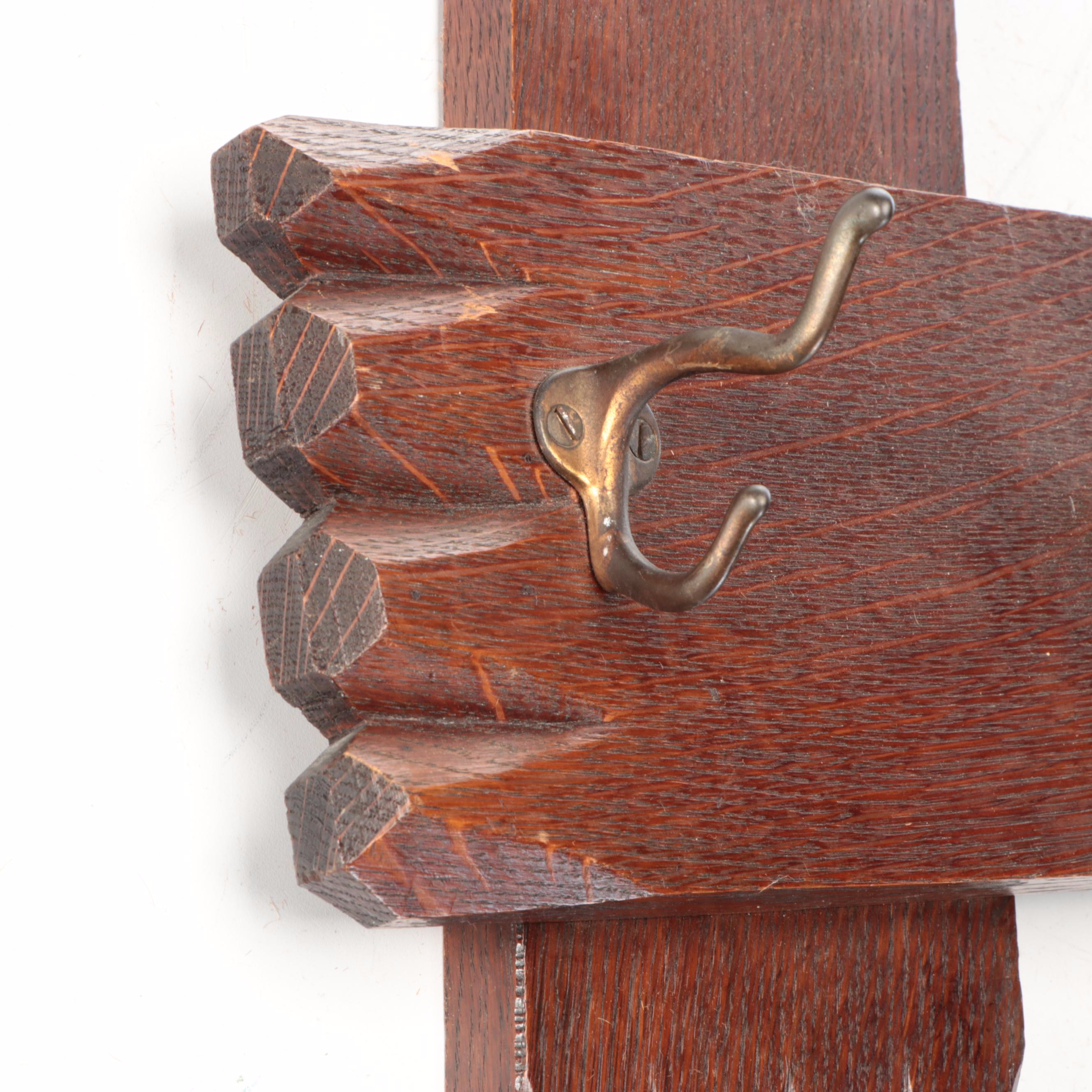Arts & Crafts Handmade Oak Coat Rack with Brass Hardware