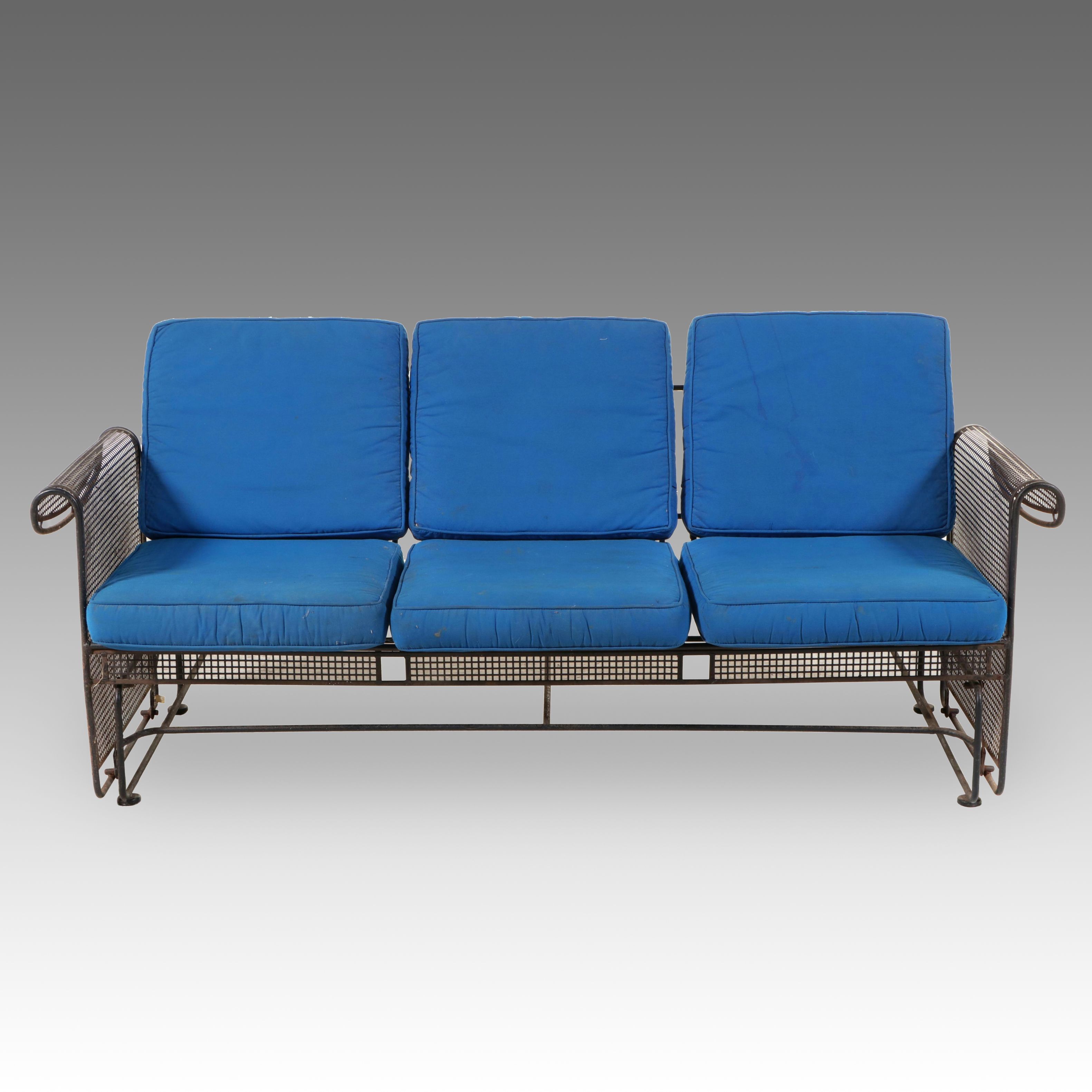 Russell Woodard Metal Mesh Glider Sofa with Blue Cushions