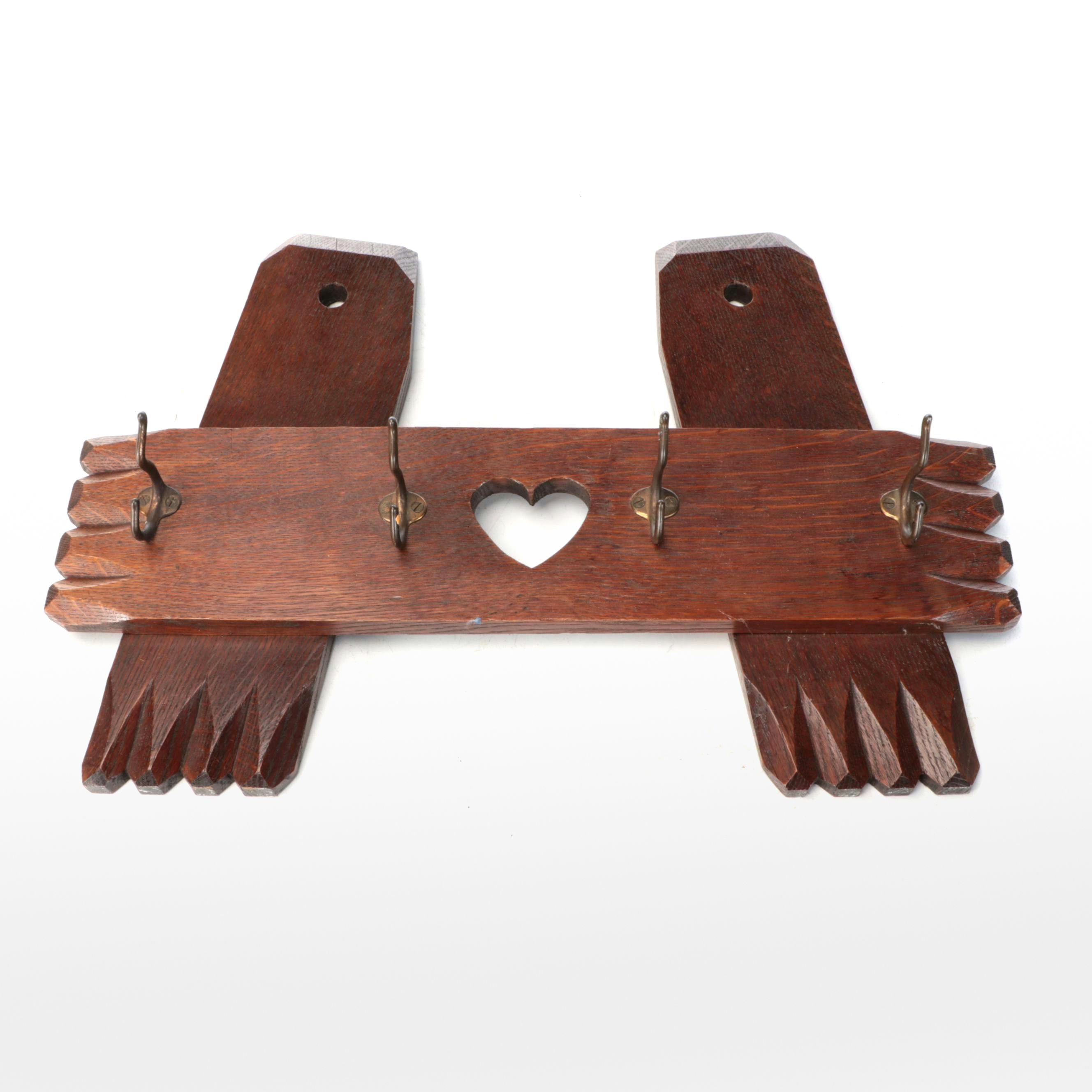 Arts & Crafts Handmade Oak Coat Rack with Brass Hardware