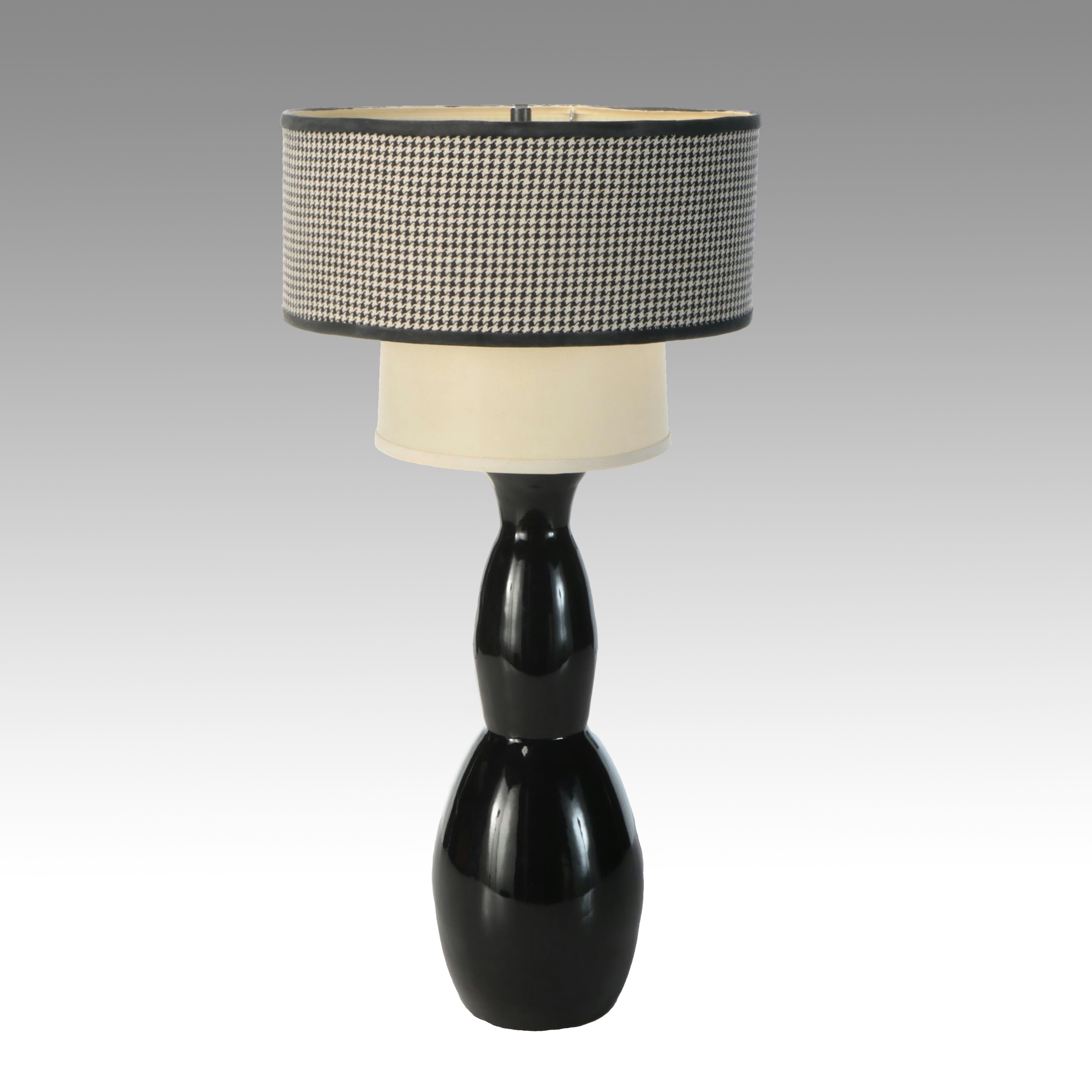Contemporary Ceramic Gourd Table Lamp with Houndstooth and White Double Shade
