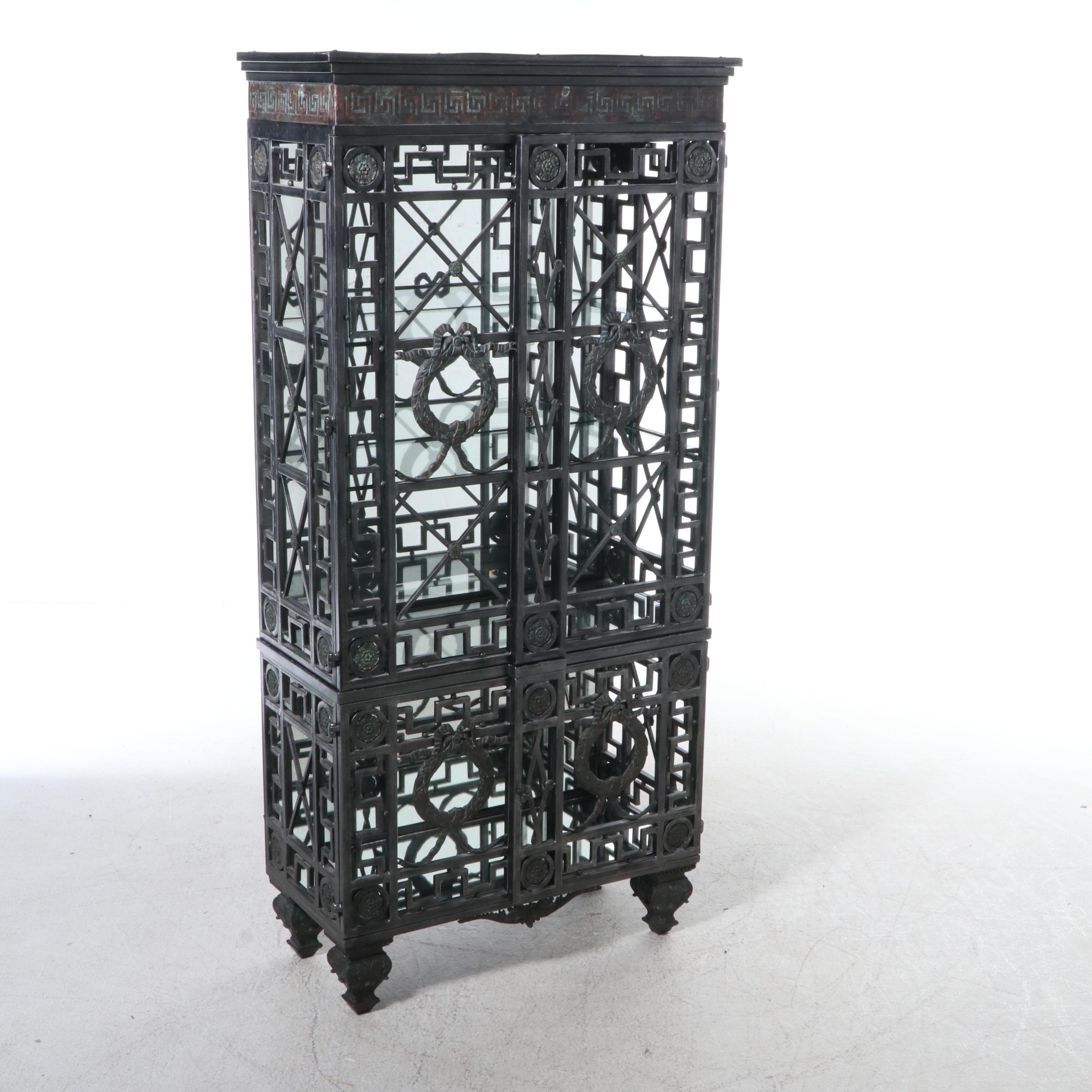 Maitland-Smith Neo-Grec Style Patinated Metal Illuminated Curio Cabinet