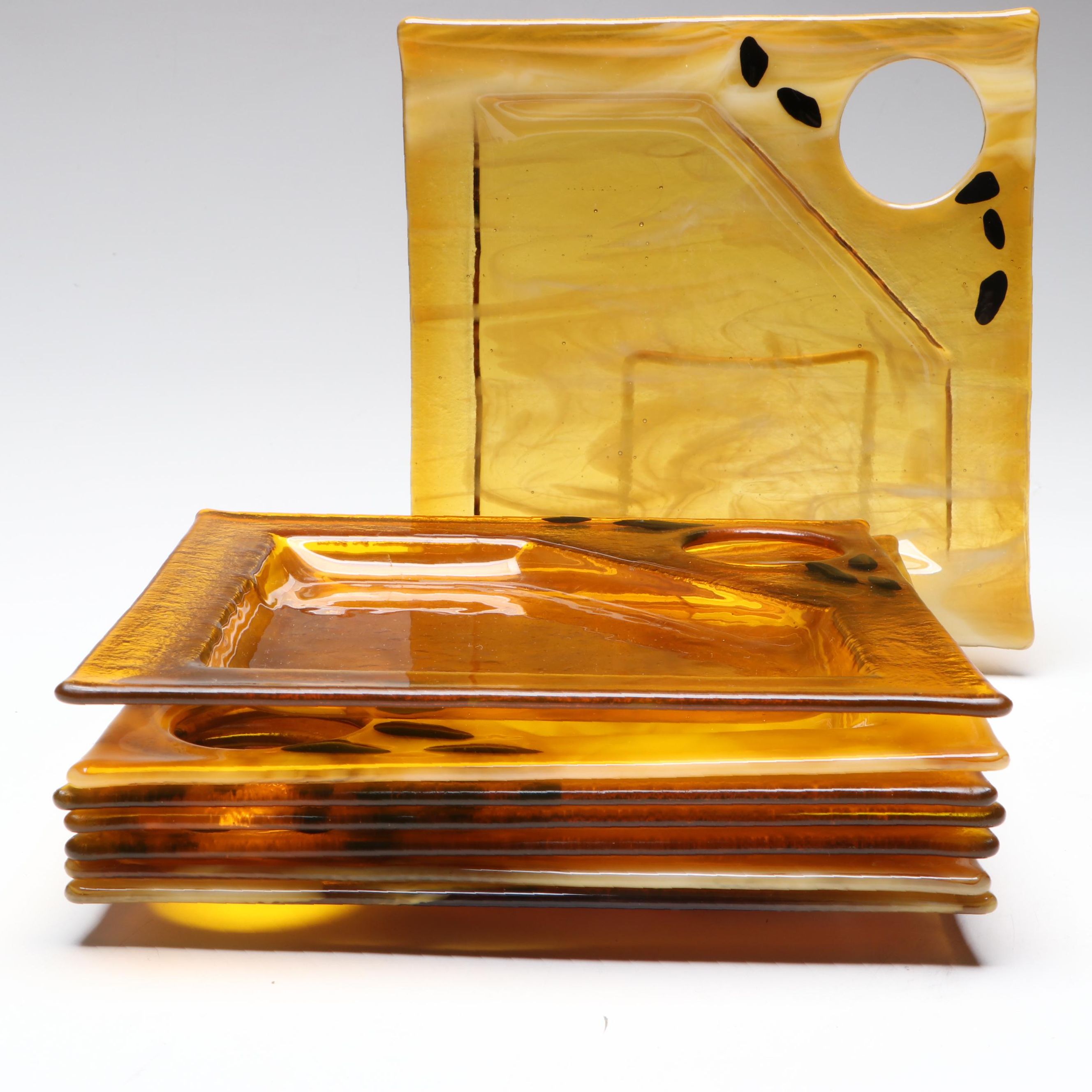 Artist Signed Marbled Art Glass Hors D'oeuvres Plates