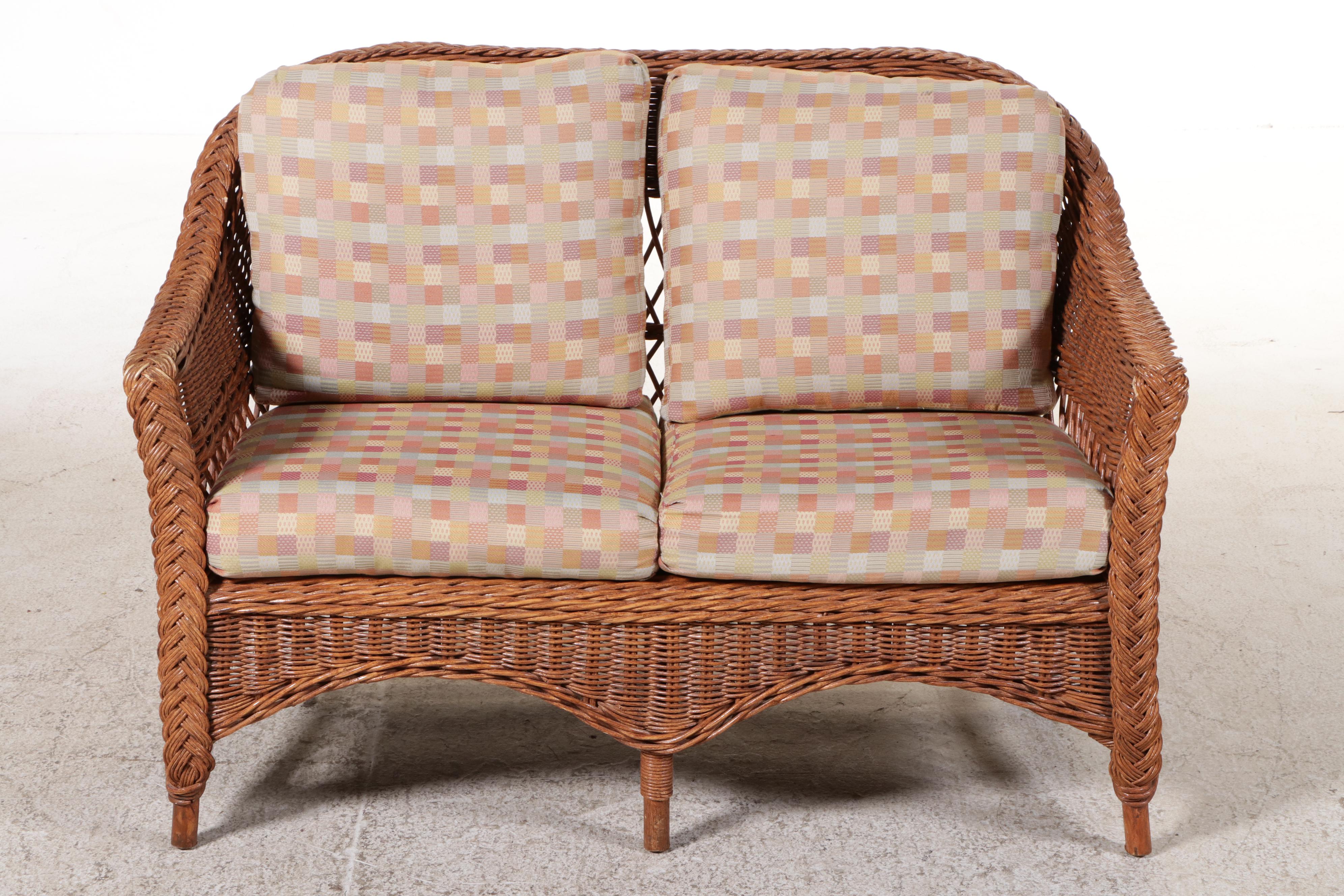 Natural Wicker Settee, Armchair, End Tables and Ottoman
