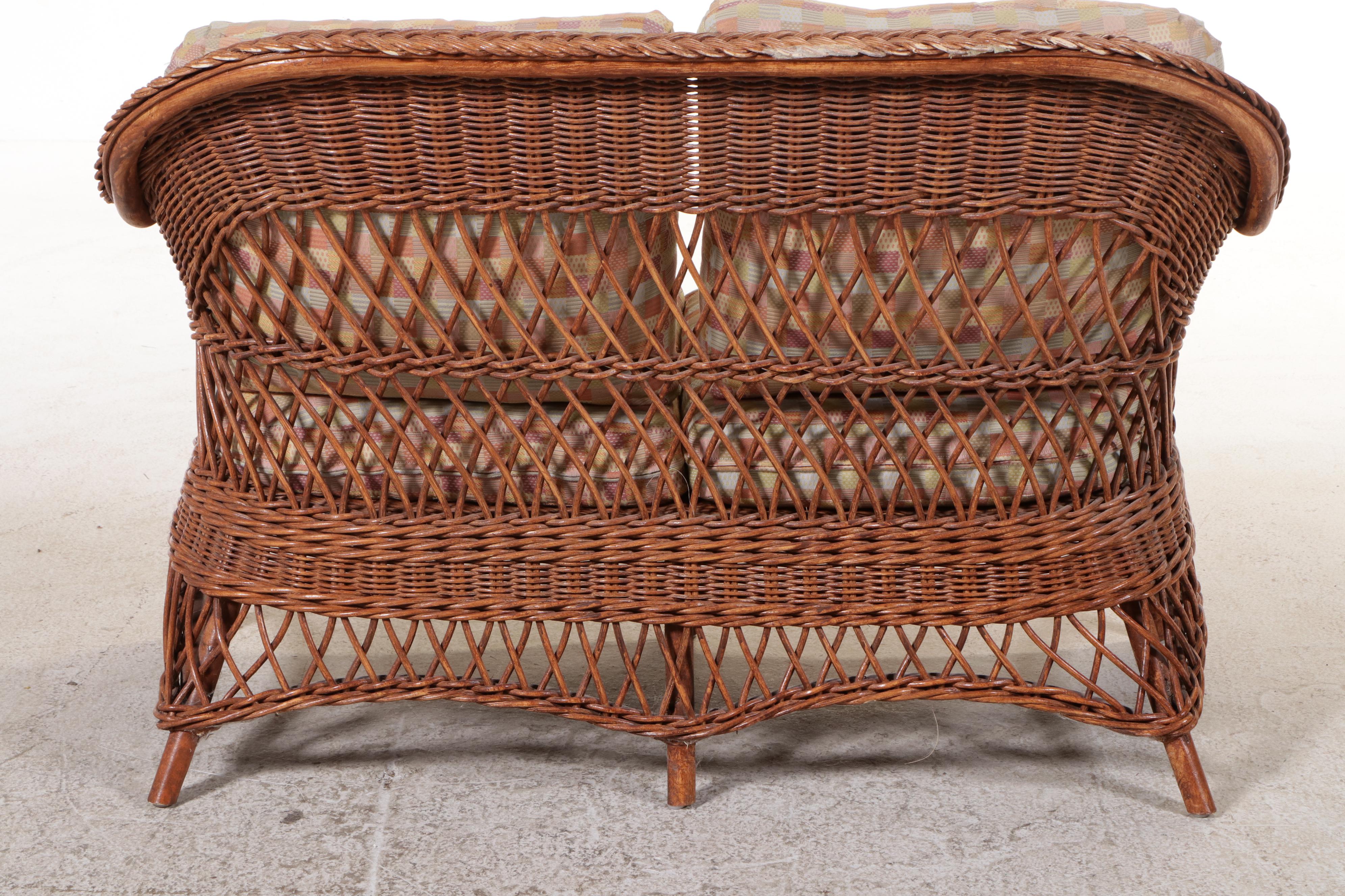 Natural Wicker Settee, Armchair, End Tables and Ottoman