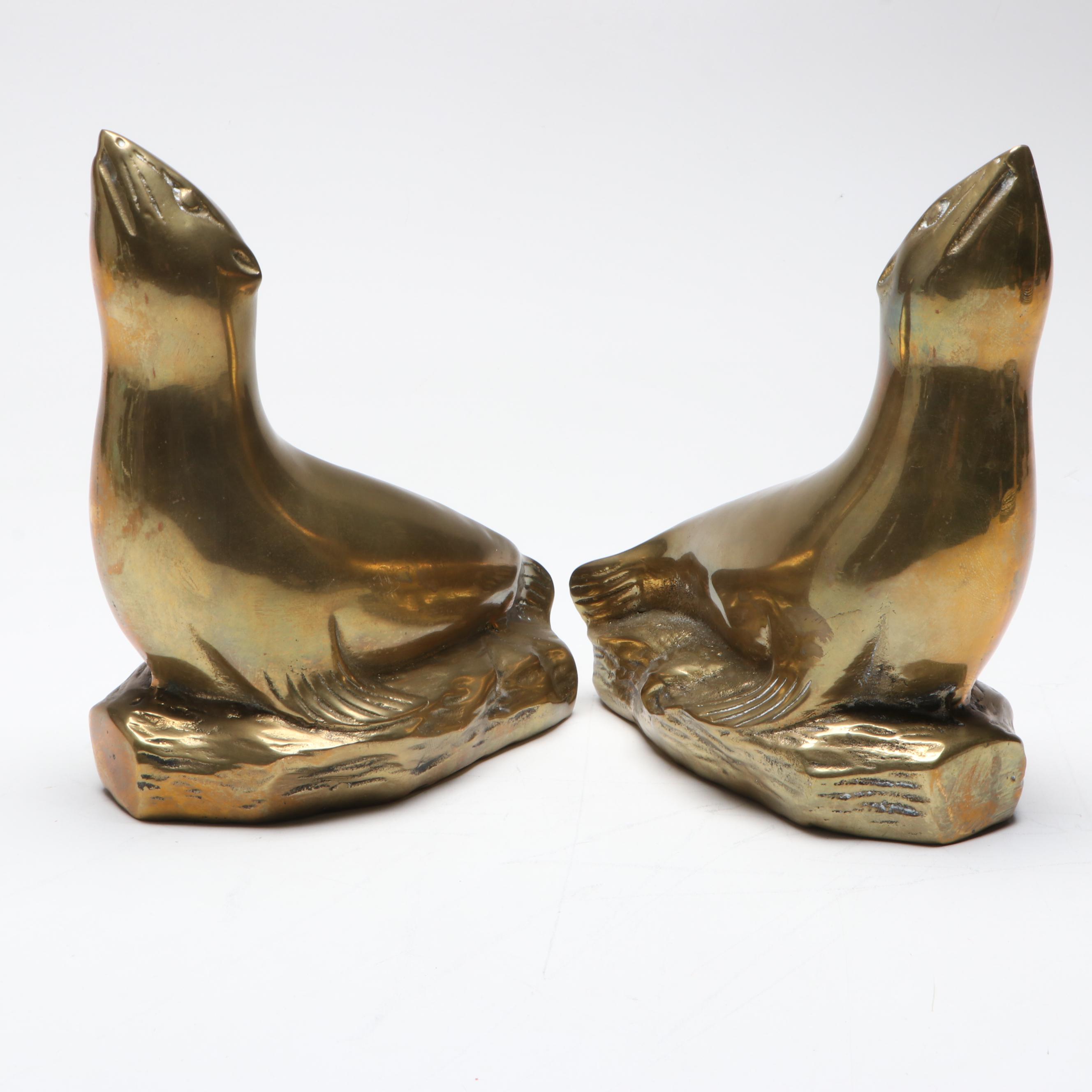 Pair of Brass Seal or Sea Lion Bookends