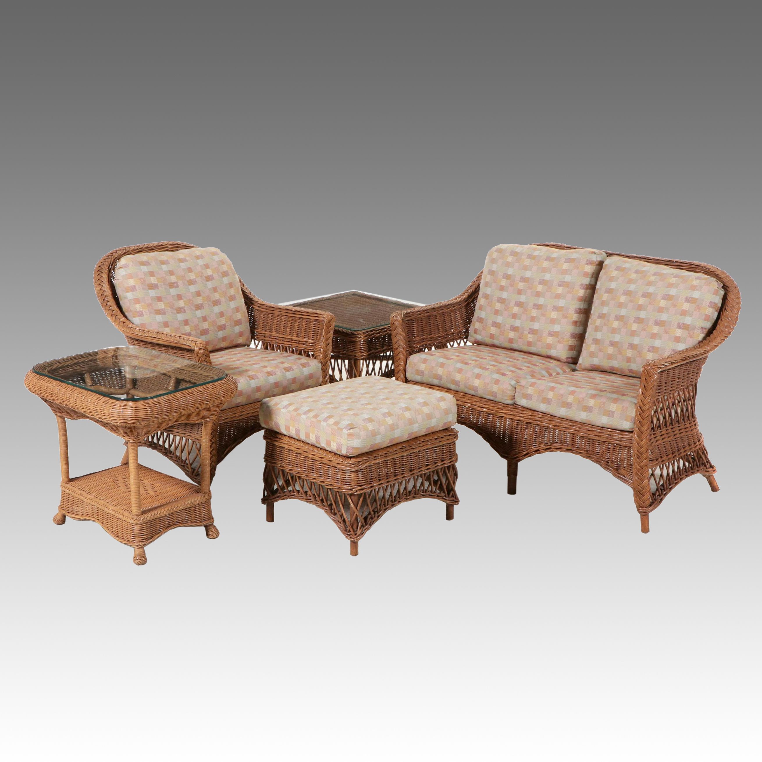 Natural Wicker Settee, Armchair, End Tables and Ottoman
