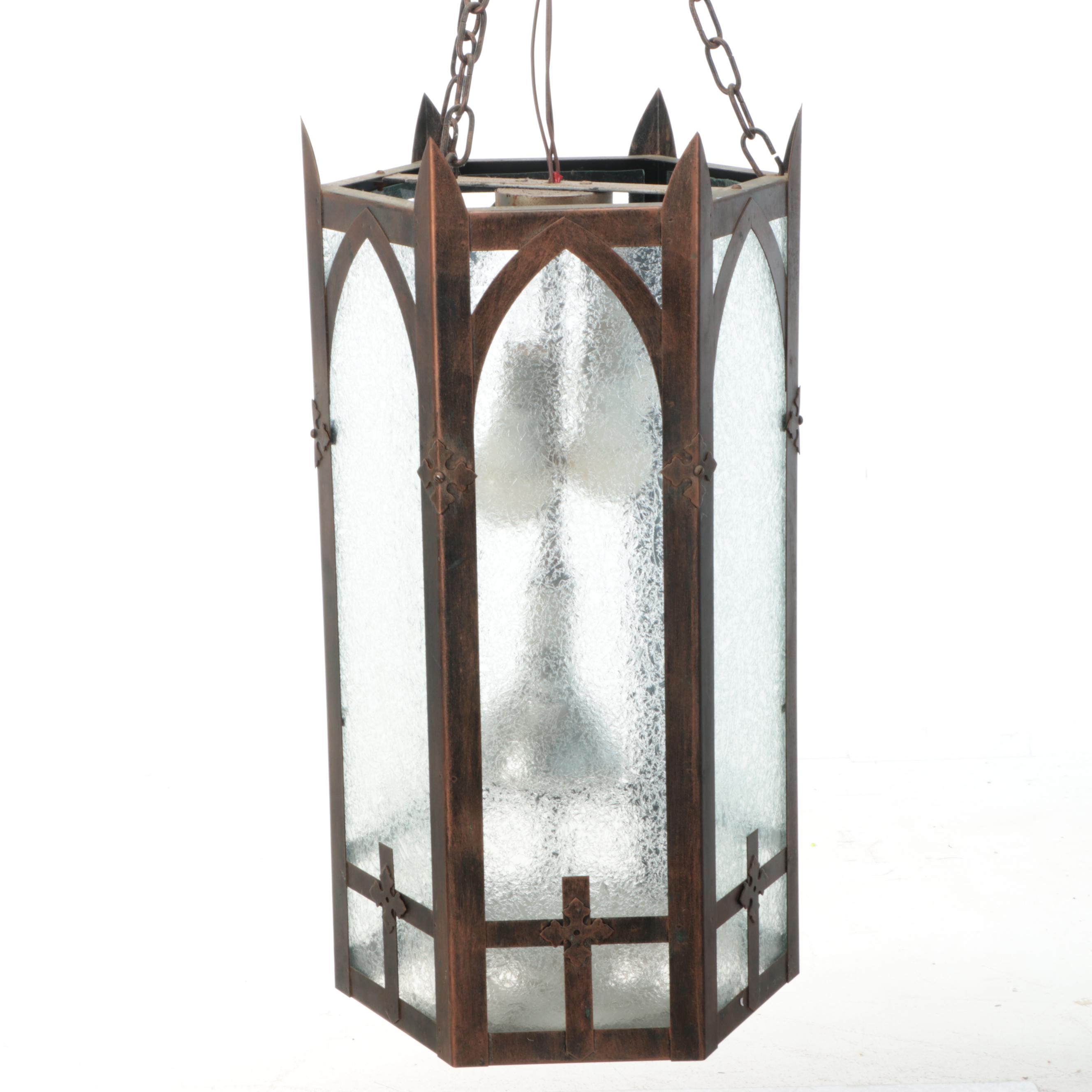 Gothic Revival Crackle Glass and Bronze Painted Church Vestibule Pendant