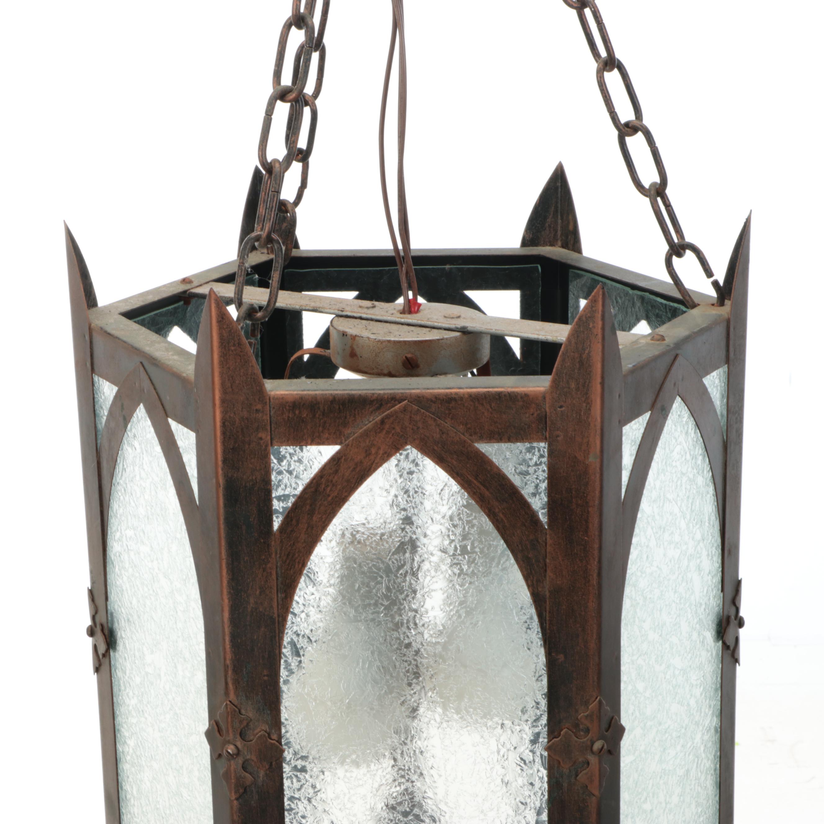 Gothic Revival Crackle Glass and Bronze Painted Church Vestibule Pendant