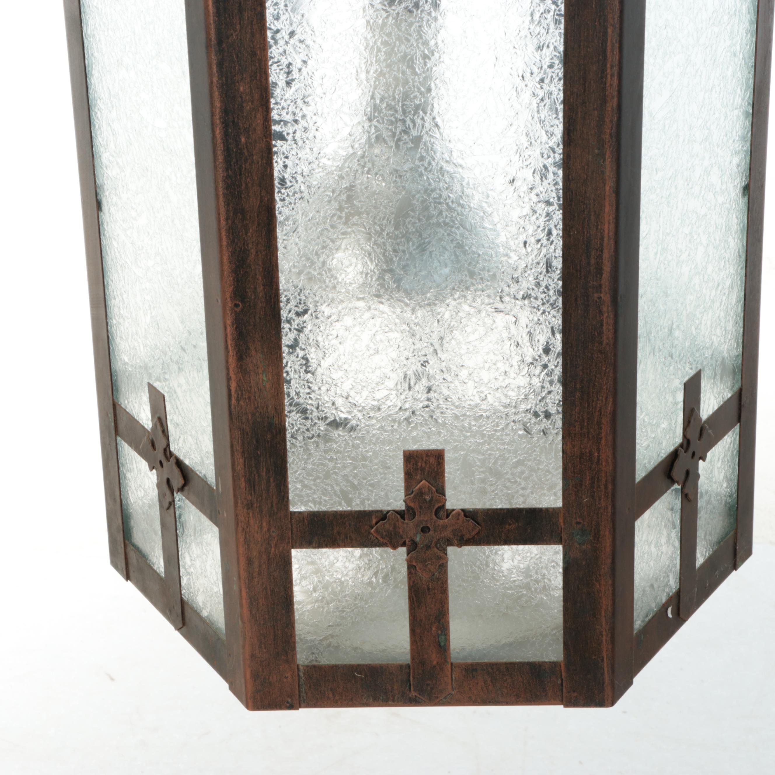 Gothic Revival Crackle Glass and Bronze Painted Church Vestibule Pendant