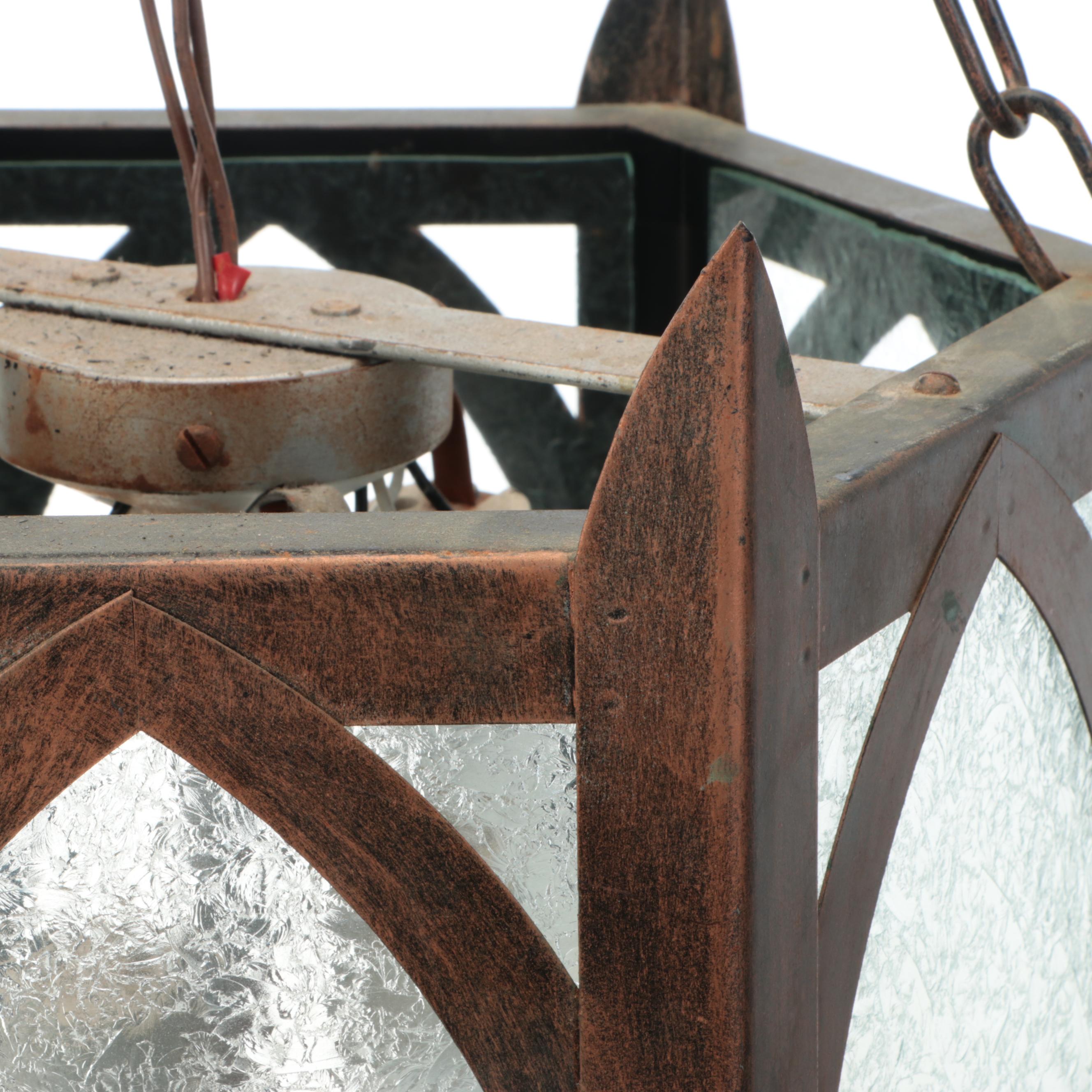 Gothic Revival Crackle Glass and Bronze Painted Church Vestibule Pendant