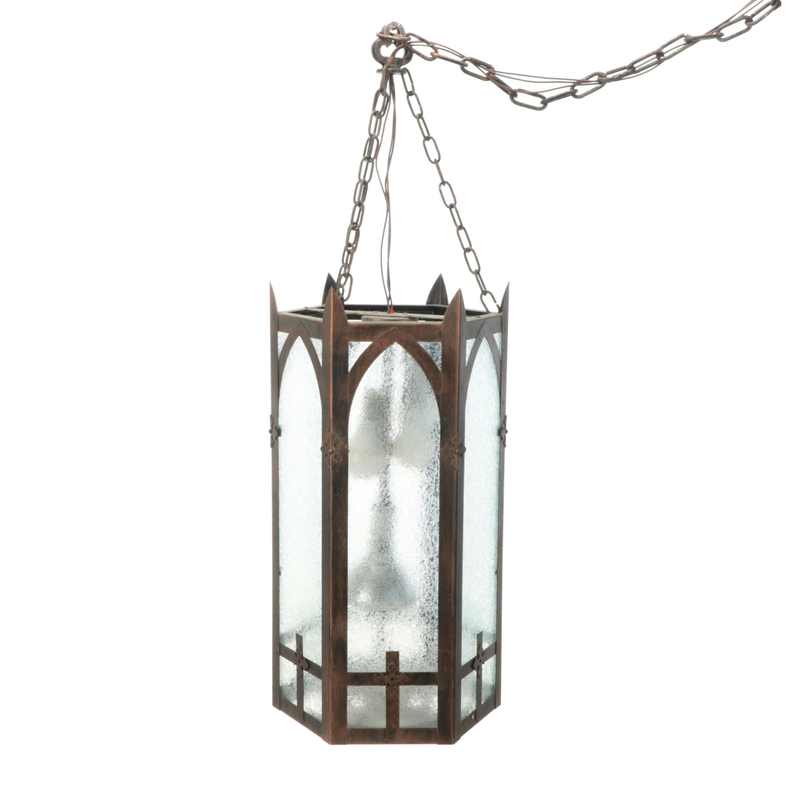 Gothic Revival Crackle Glass and Bronze Painted Church Vestibule Pendant