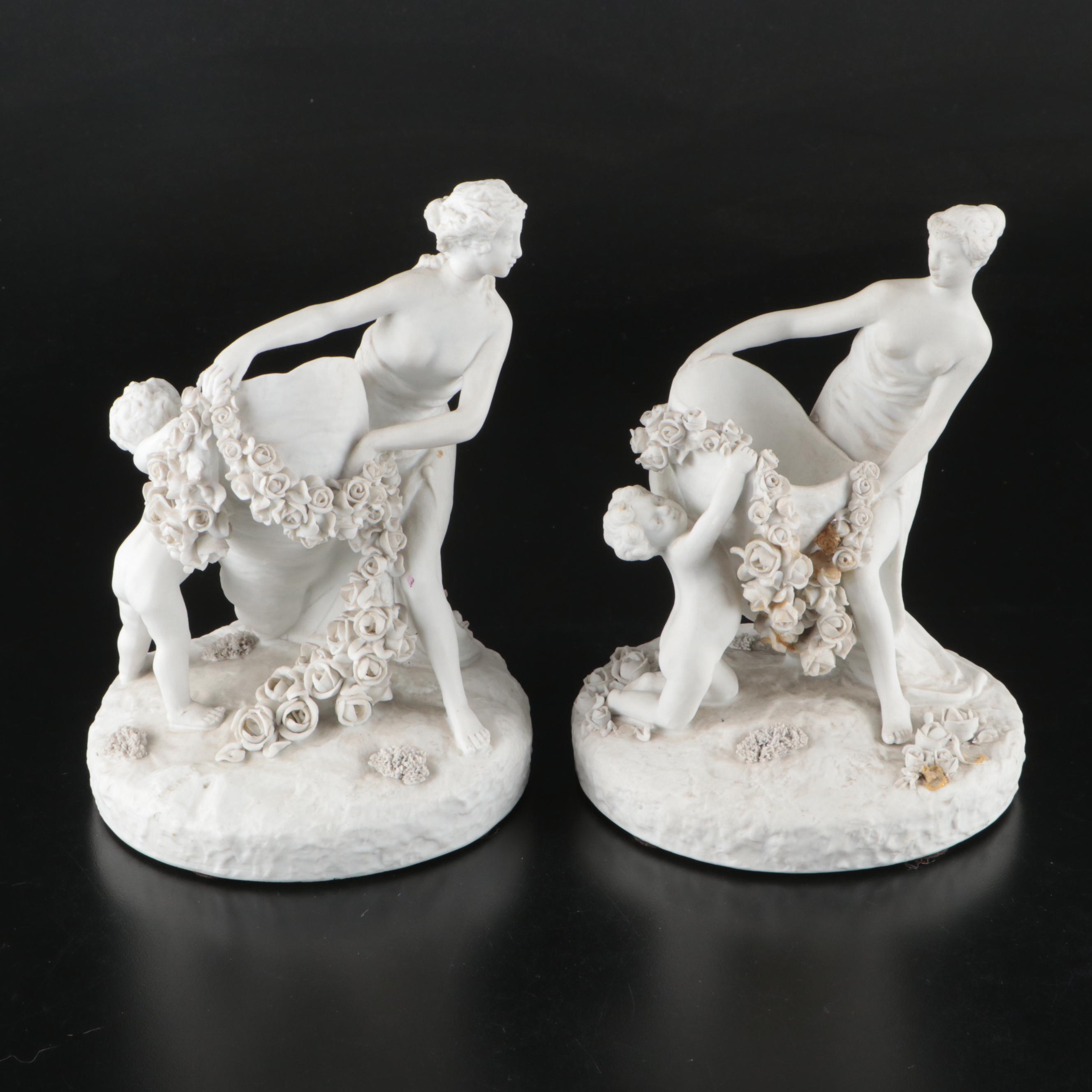 Pair of Sevres Style Bisque Figurine Vases with Royal Vienna Porcelain Figurines