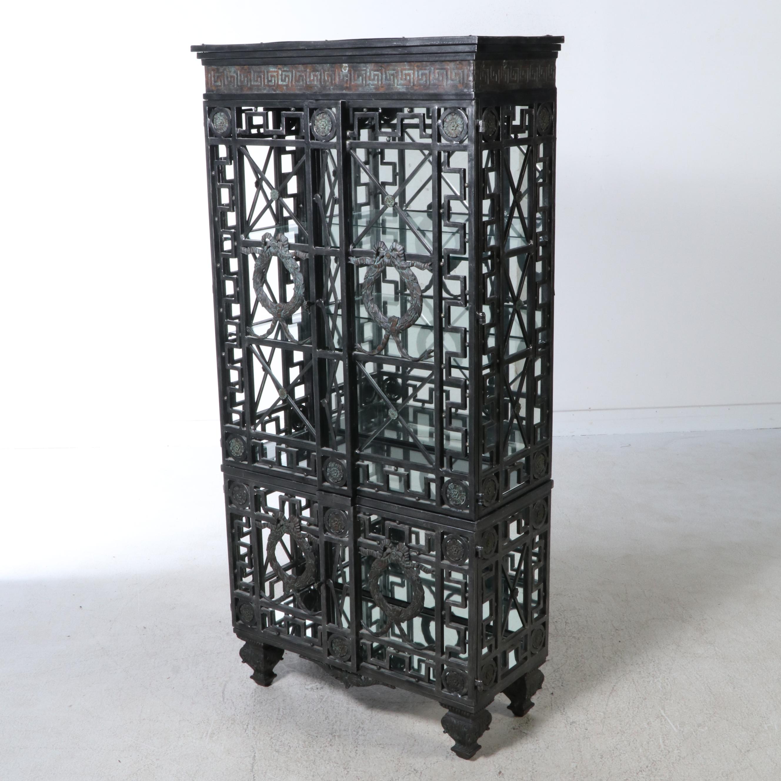 Maitland-Smith Neo-Grec Style Patinated Metal Illuminated Curio Cabinet
