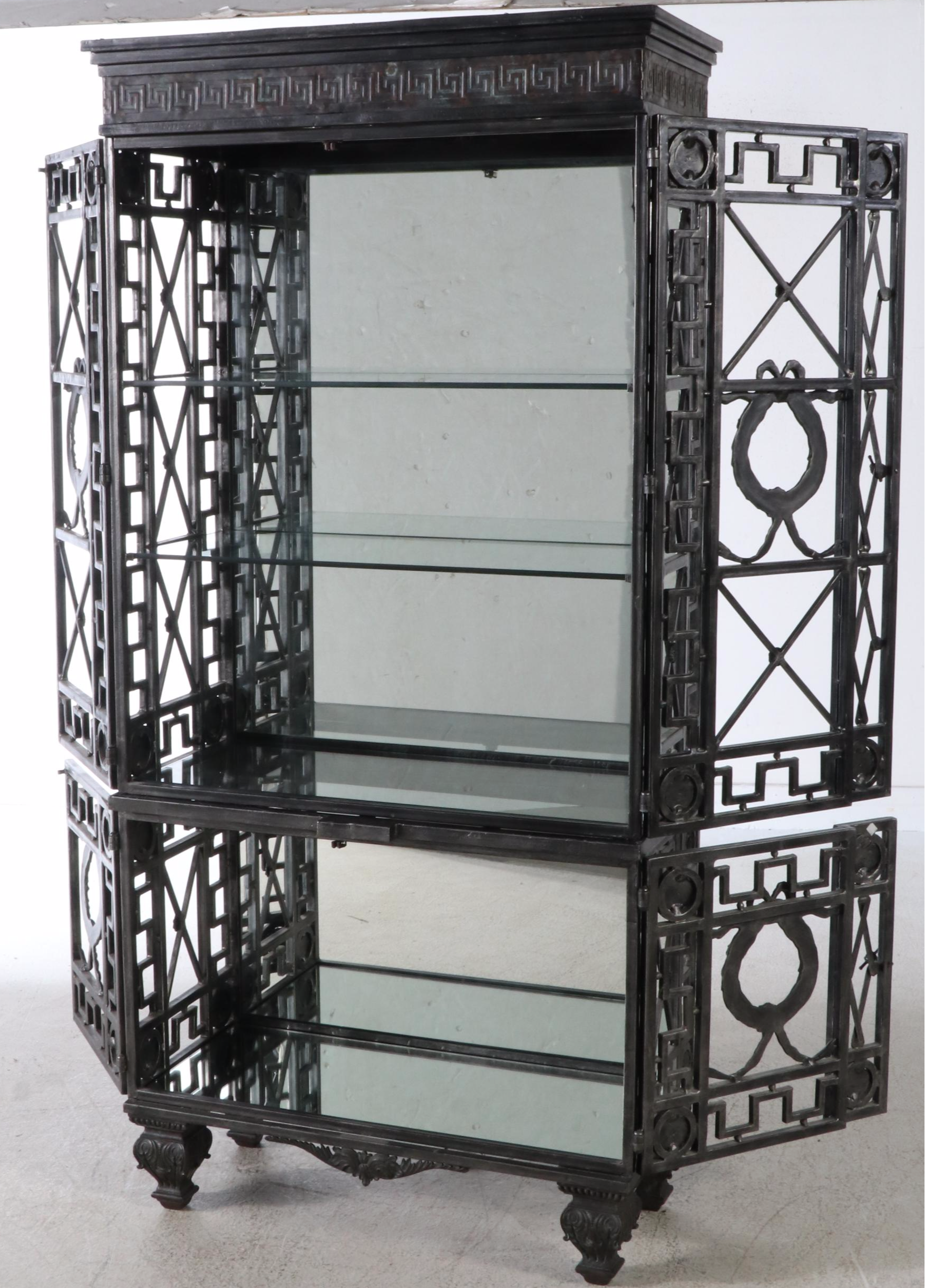 Maitland-Smith Neo-Grec Style Patinated Metal Illuminated Curio Cabinet