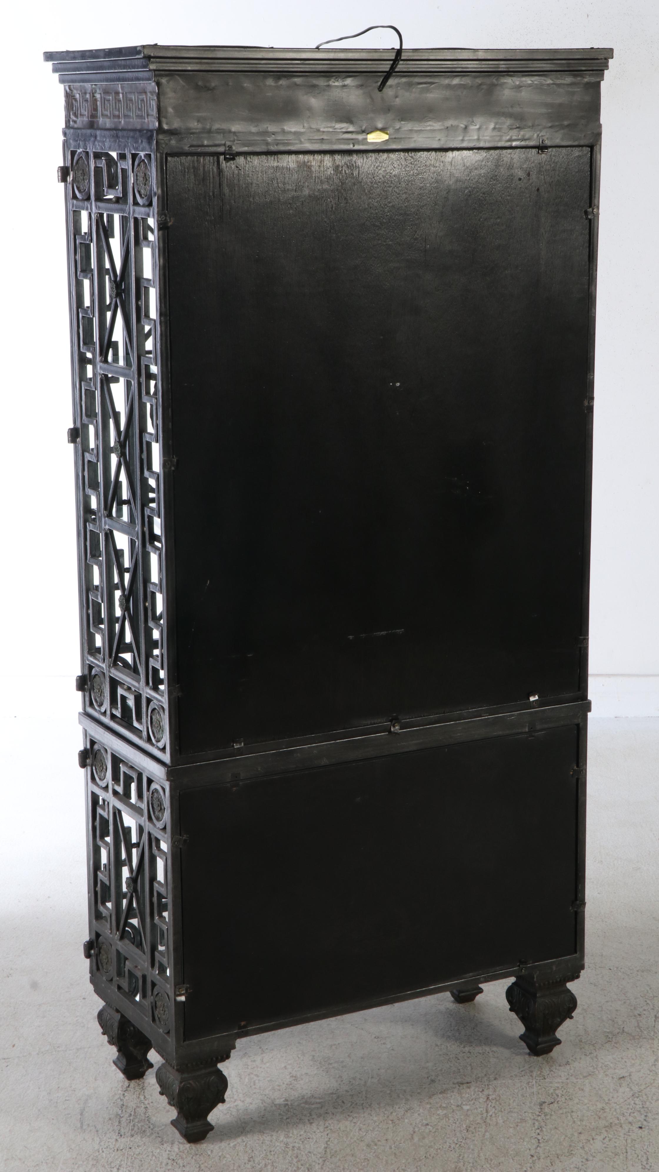 Maitland-Smith Neo-Grec Style Patinated Metal Illuminated Curio Cabinet