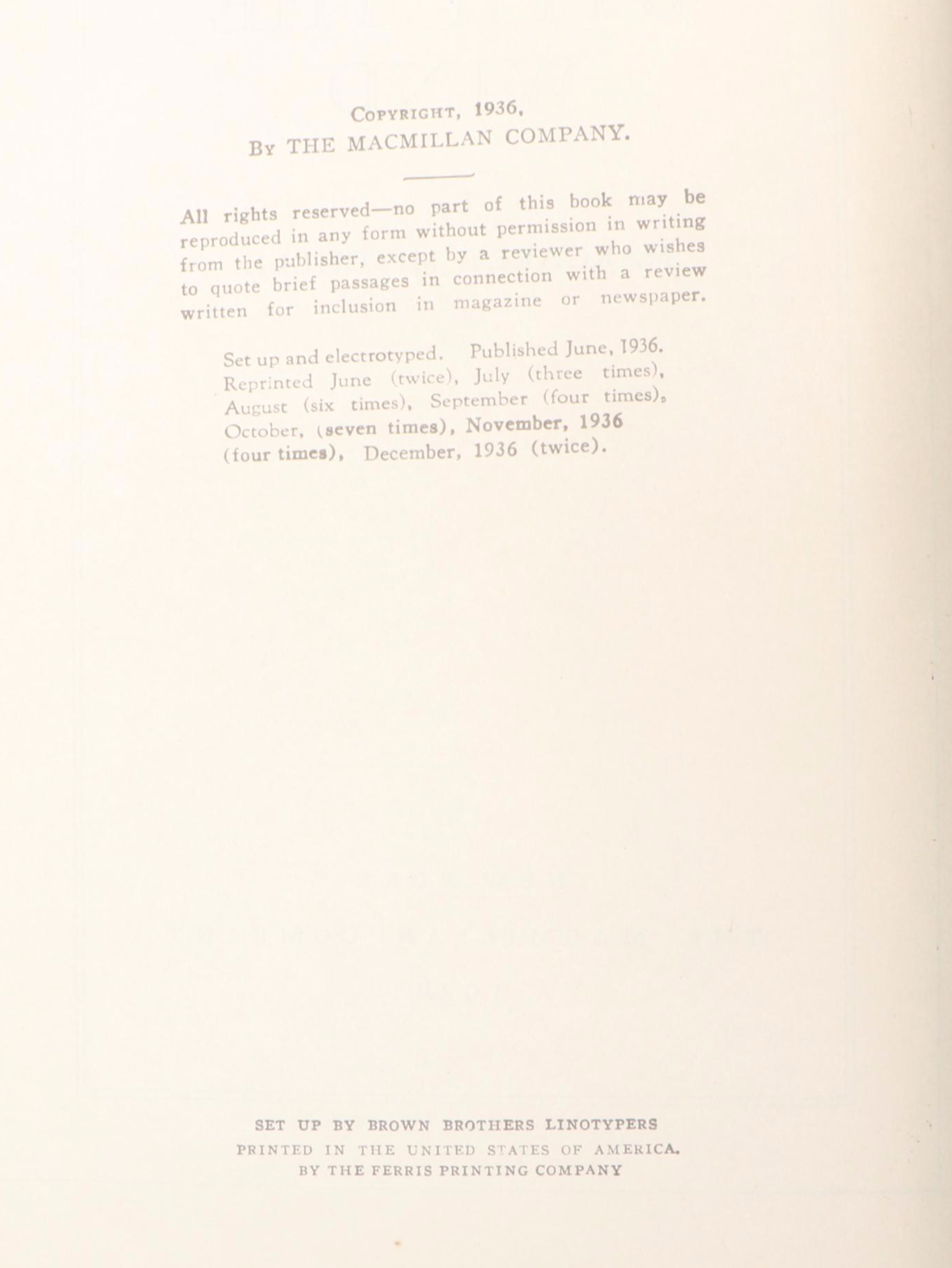Early Printing "Gone with the Wind" by Margaret Mitchell, 1936