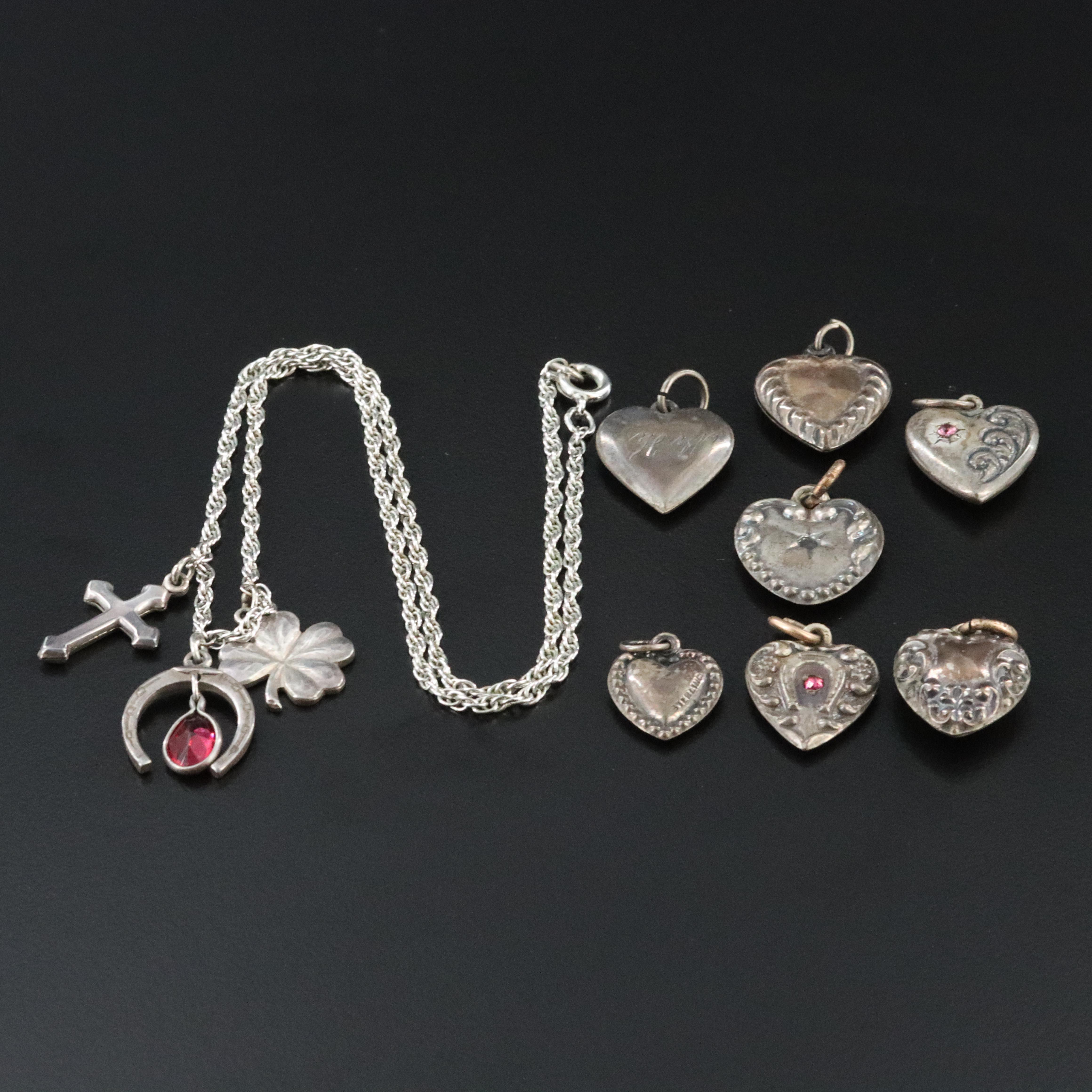 Sterling Charms Including Antique and Vintage Sweetheart