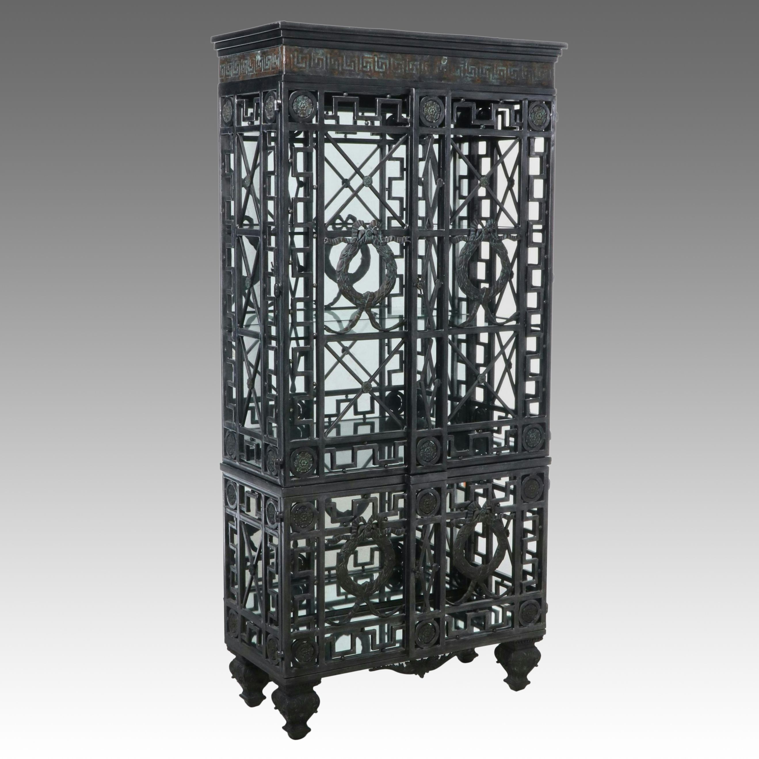 Maitland-Smith Neo-Grec Style Patinated Metal Illuminated Curio Cabinet