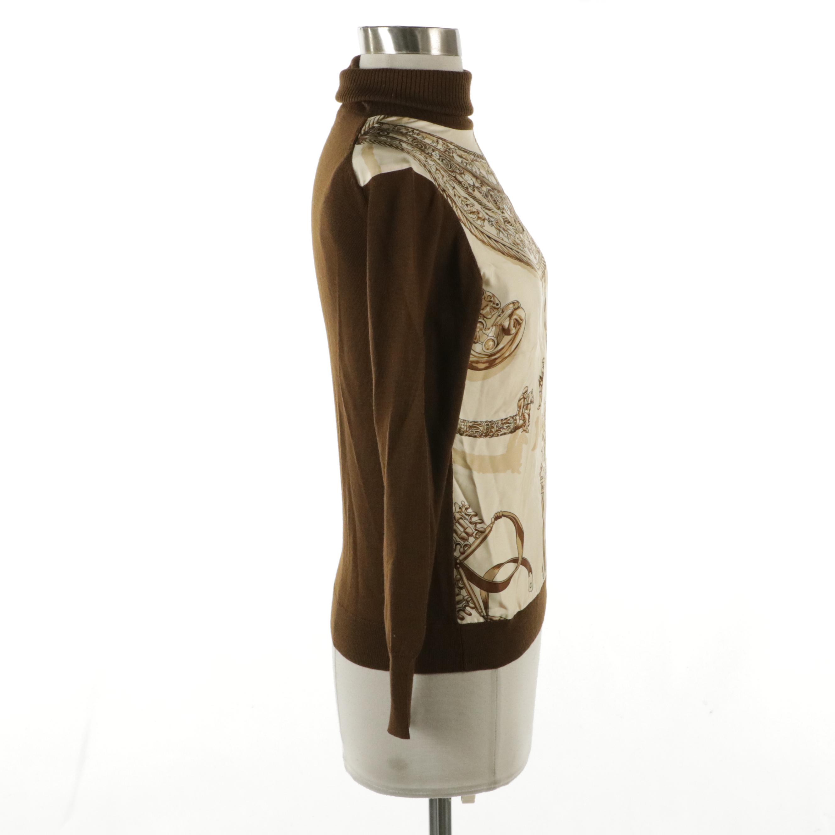 Hermès Turtleneck Top in "Les Cavaliers d’Or" Silk Twill and Brown Wool, 1970s