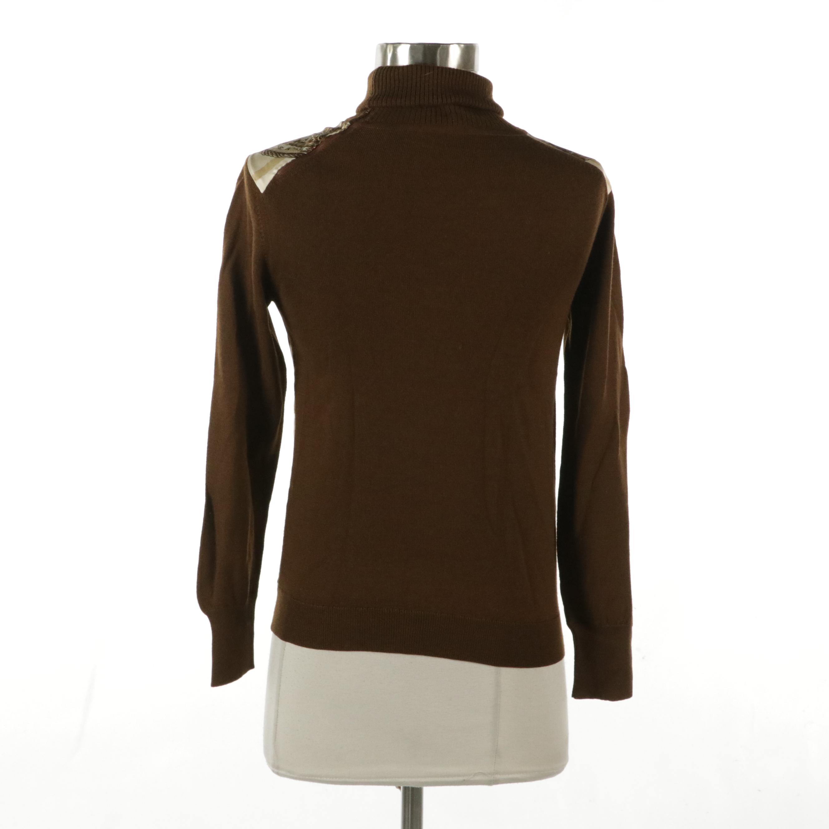 Hermès Turtleneck Top in "Les Cavaliers d’Or" Silk Twill and Brown Wool, 1970s