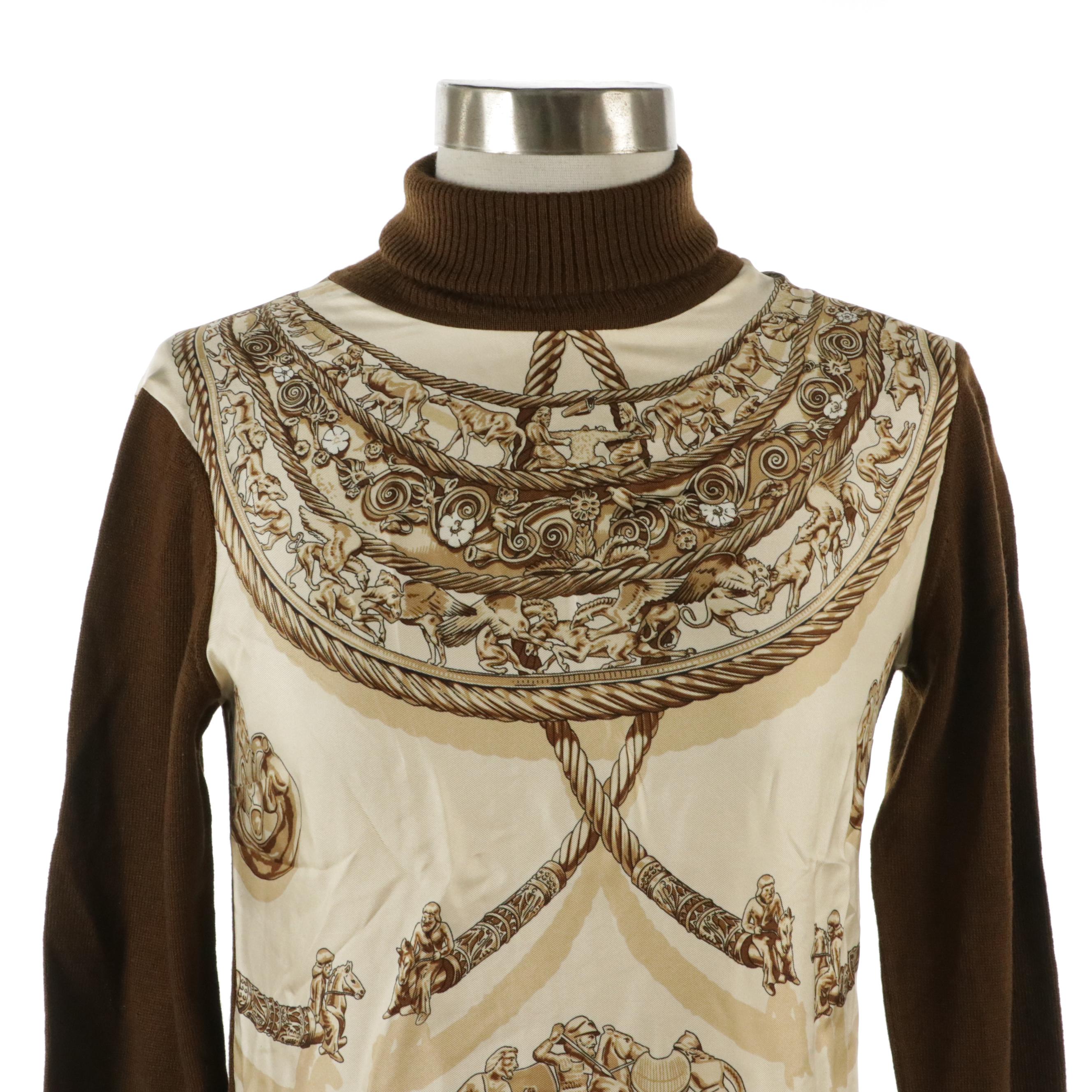 Hermès Turtleneck Top in "Les Cavaliers d’Or" Silk Twill and Brown Wool, 1970s