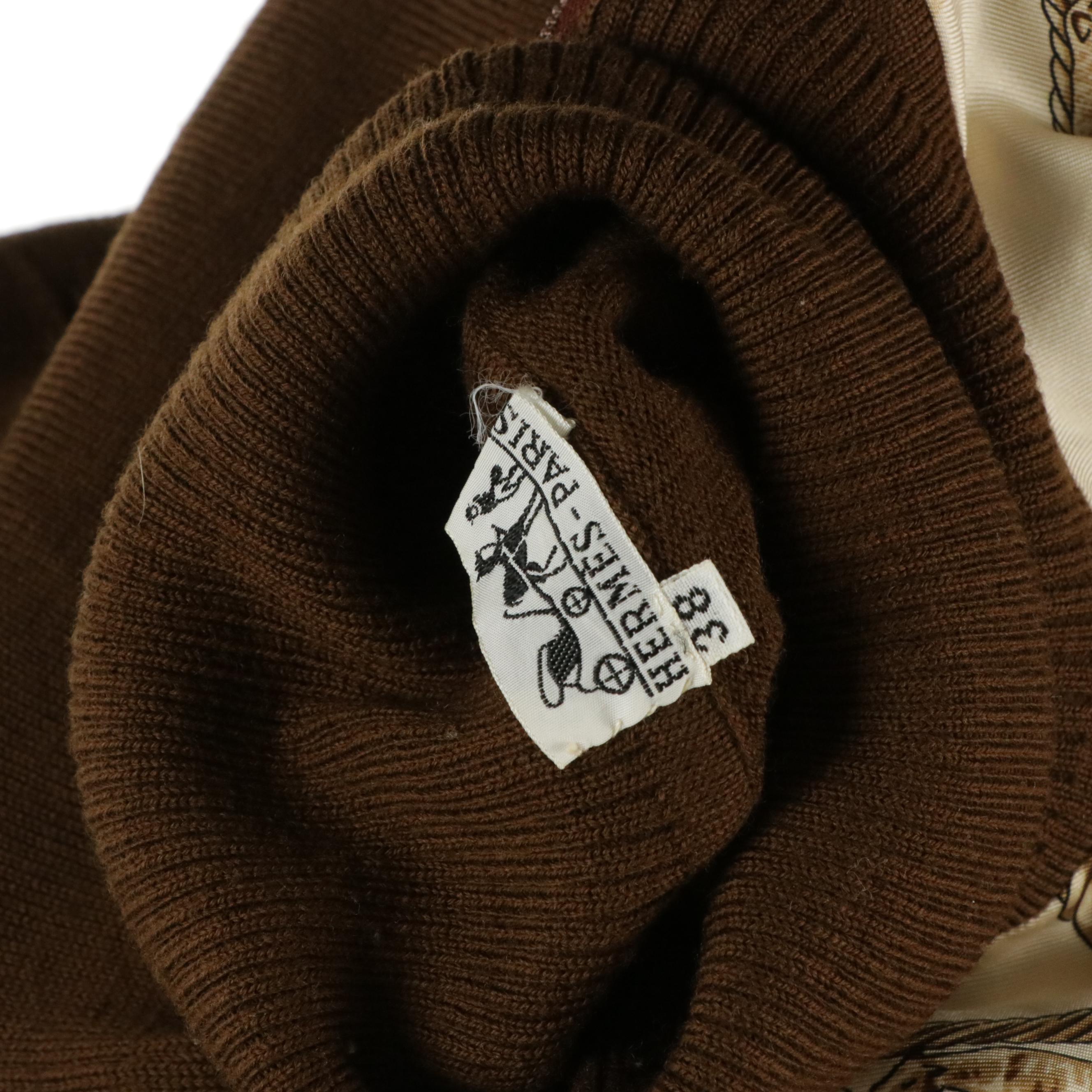 Hermès Turtleneck Top in "Les Cavaliers d’Or" Silk Twill and Brown Wool, 1970s