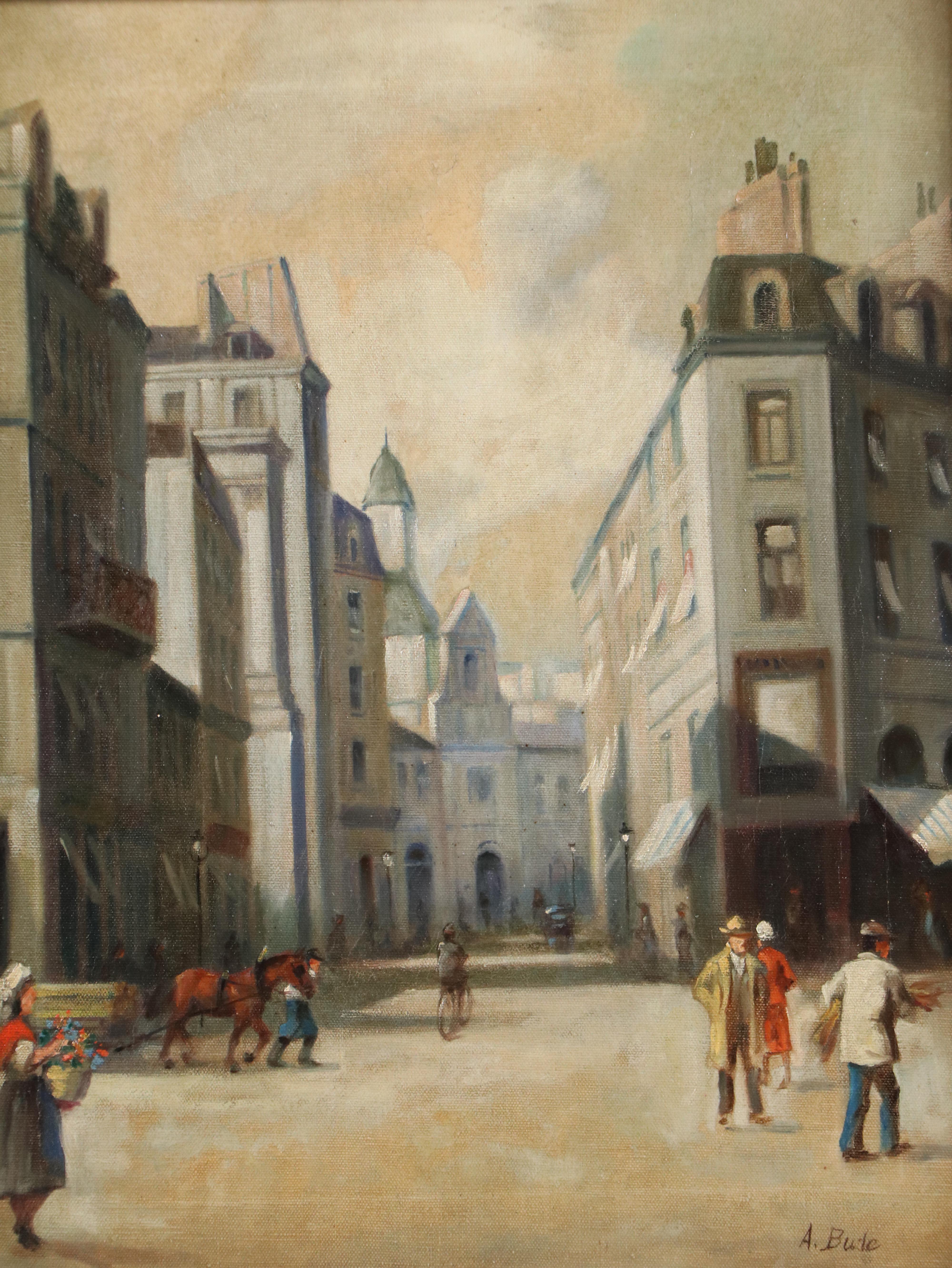European Street Scene Oil Painting, Circa 1920
